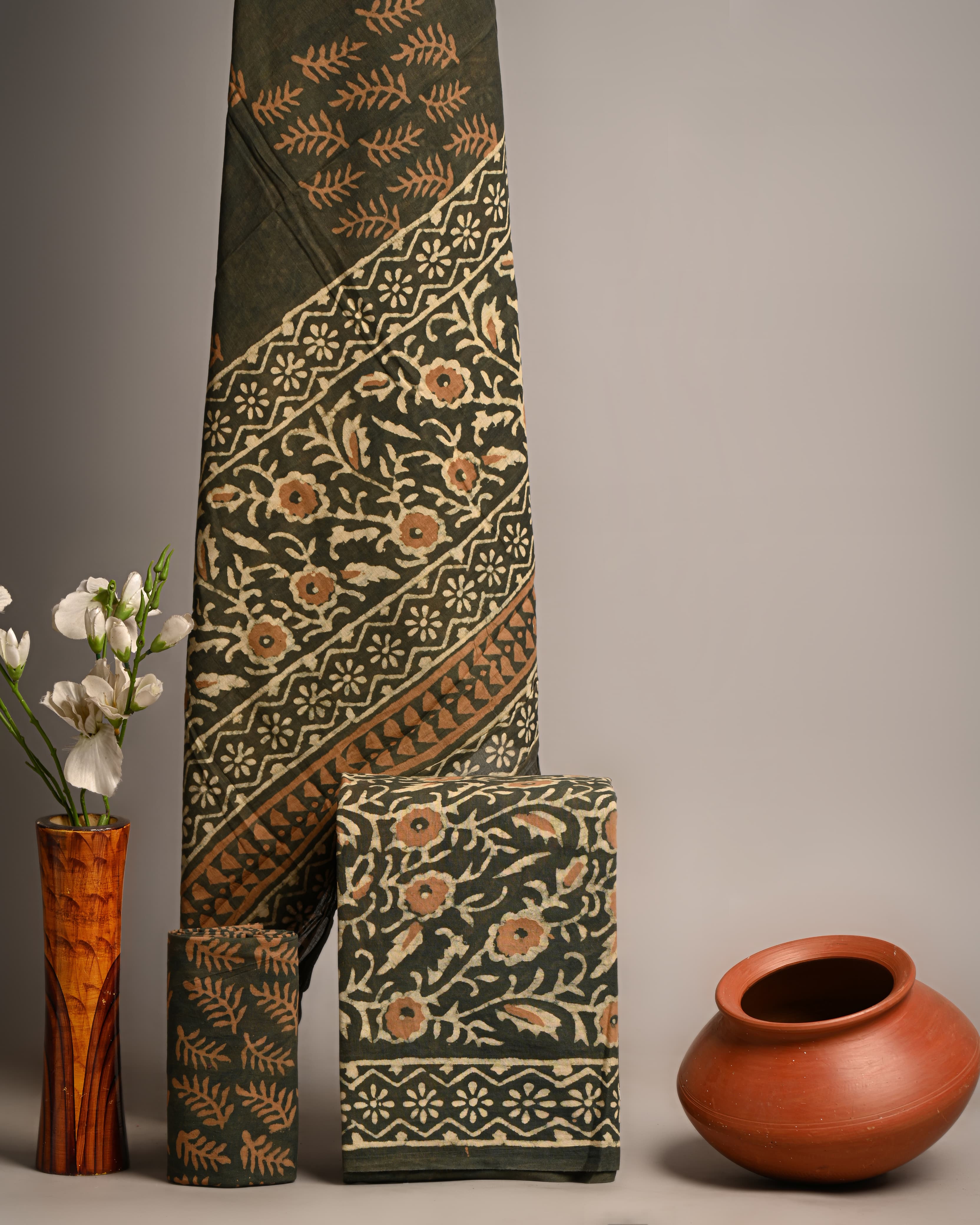 Olive Green Indigo Hand block Print Cotton suit