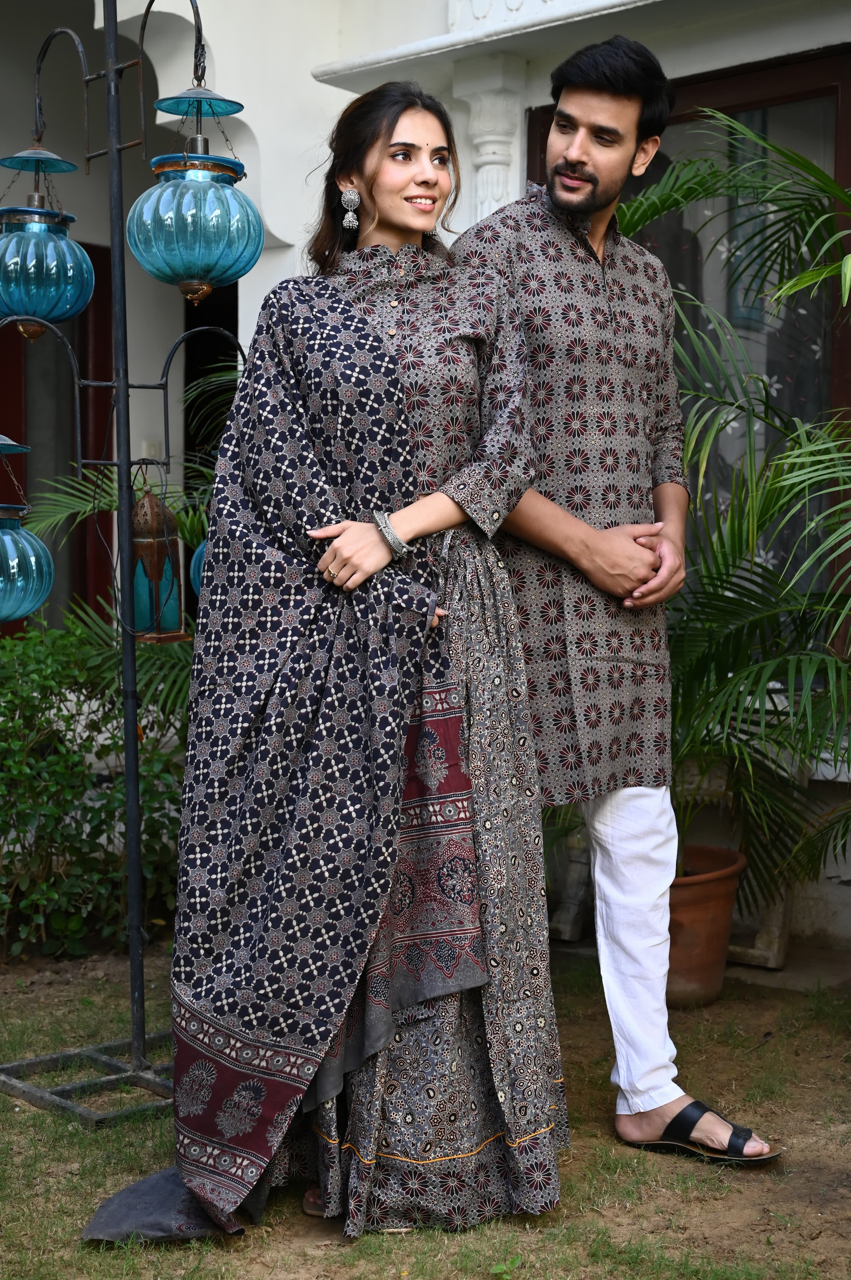 Dark Grey colour Pure Cotton Twinning Couple Set In Block Print