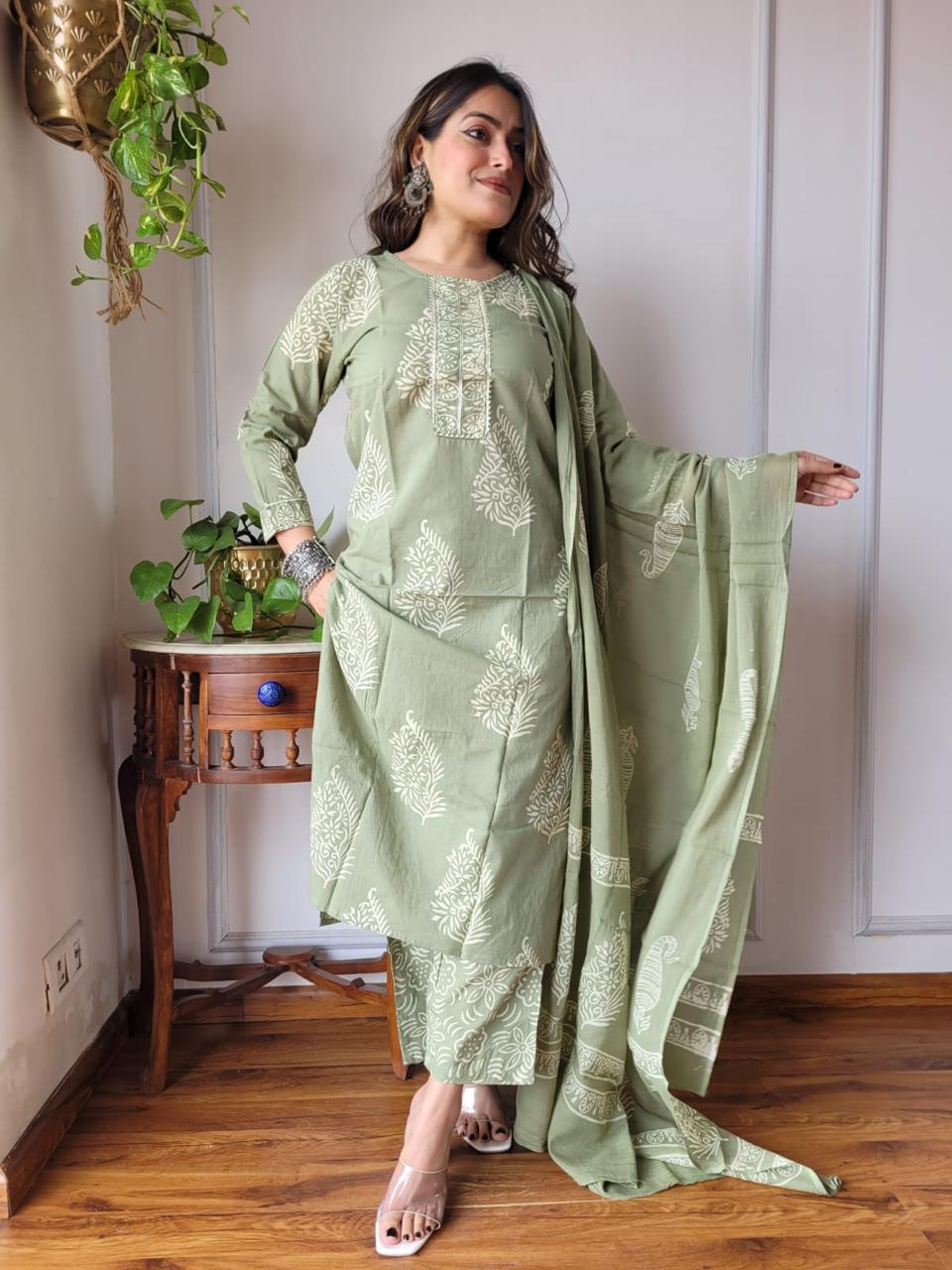 Pastel Green Block Print Suit Set With Dupatta
