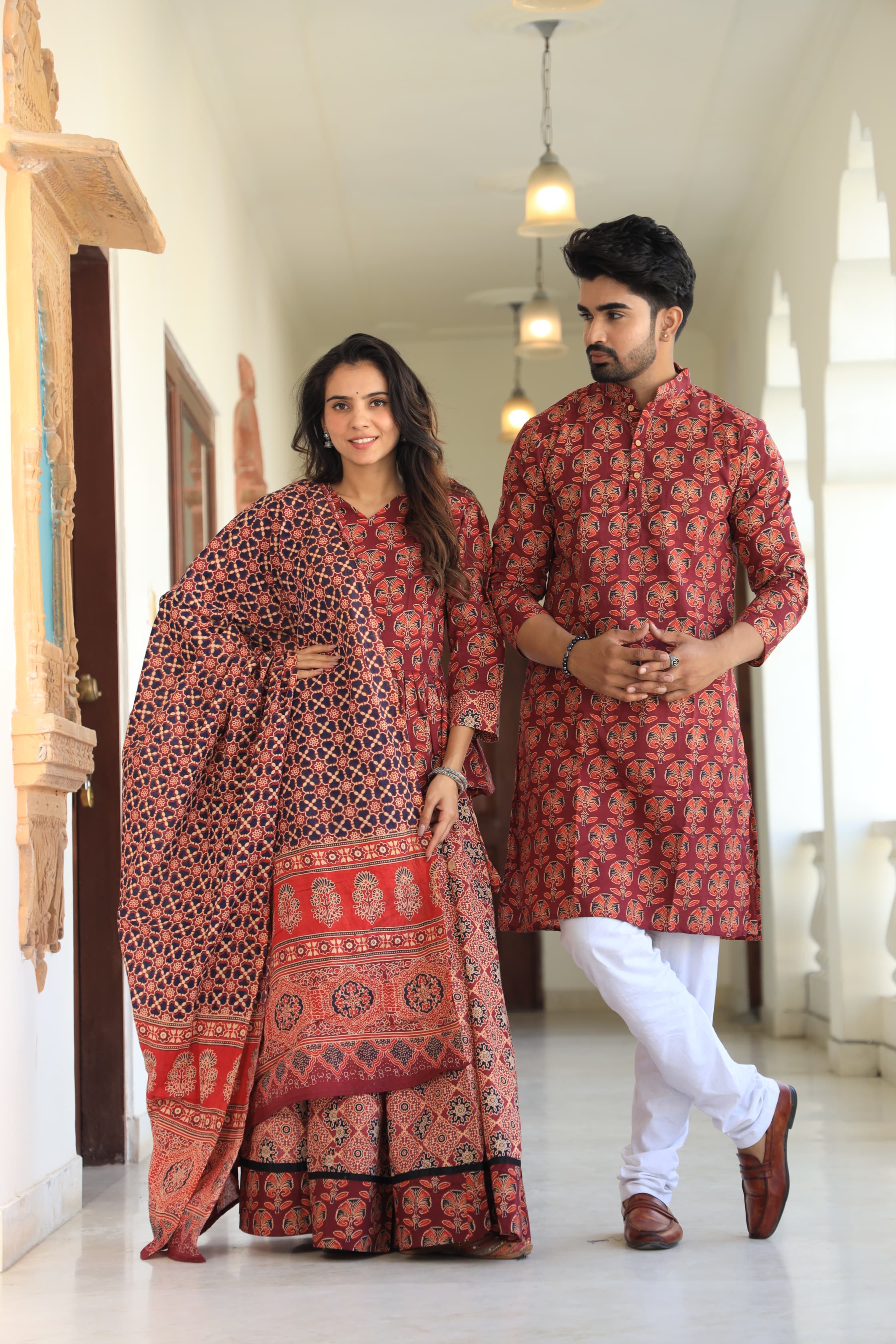 Red colour Pure Cotton Twinning Couple Set In Block Print