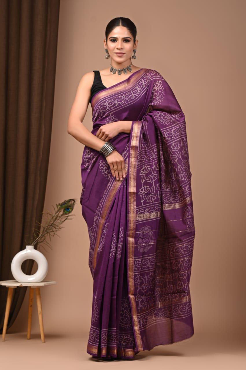 Purple Maheshwari Silk Bagru Hand Block Print Saree