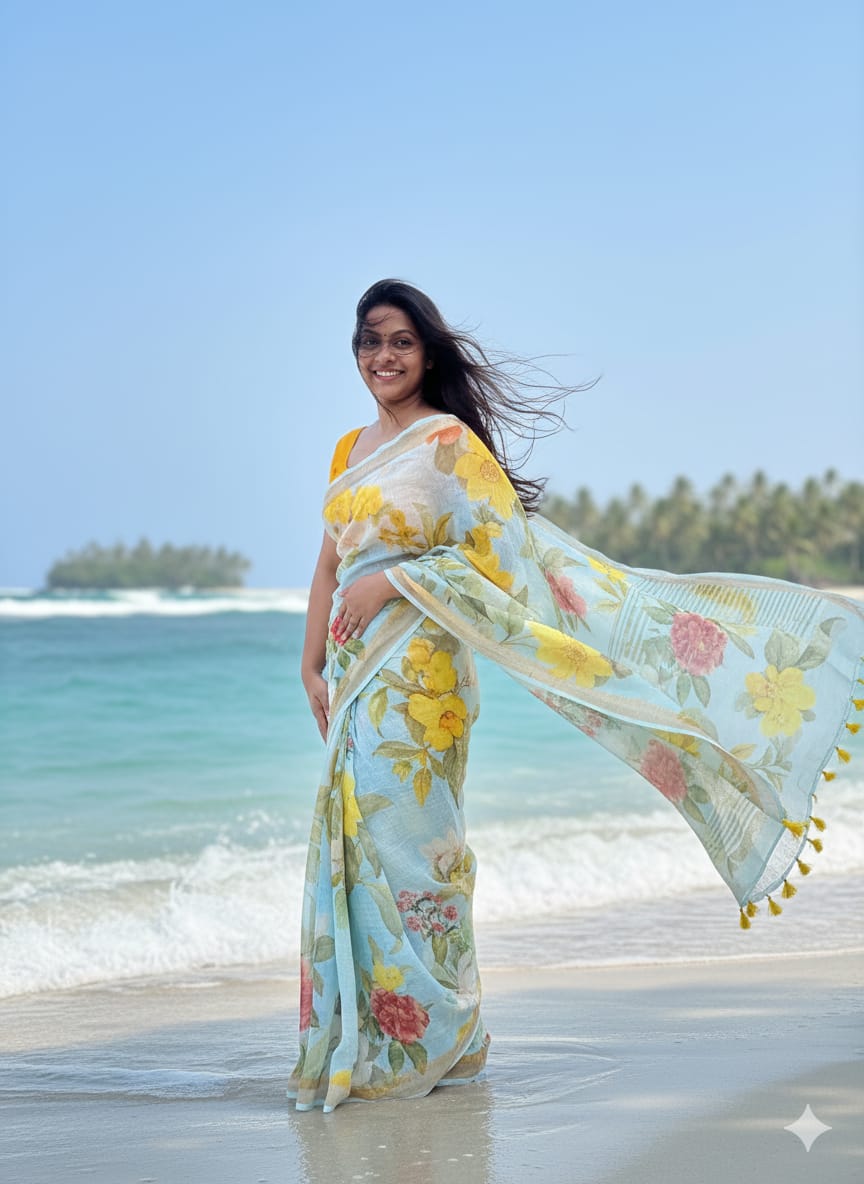 Kesar Sky Blue Floral Pure Linen Saree