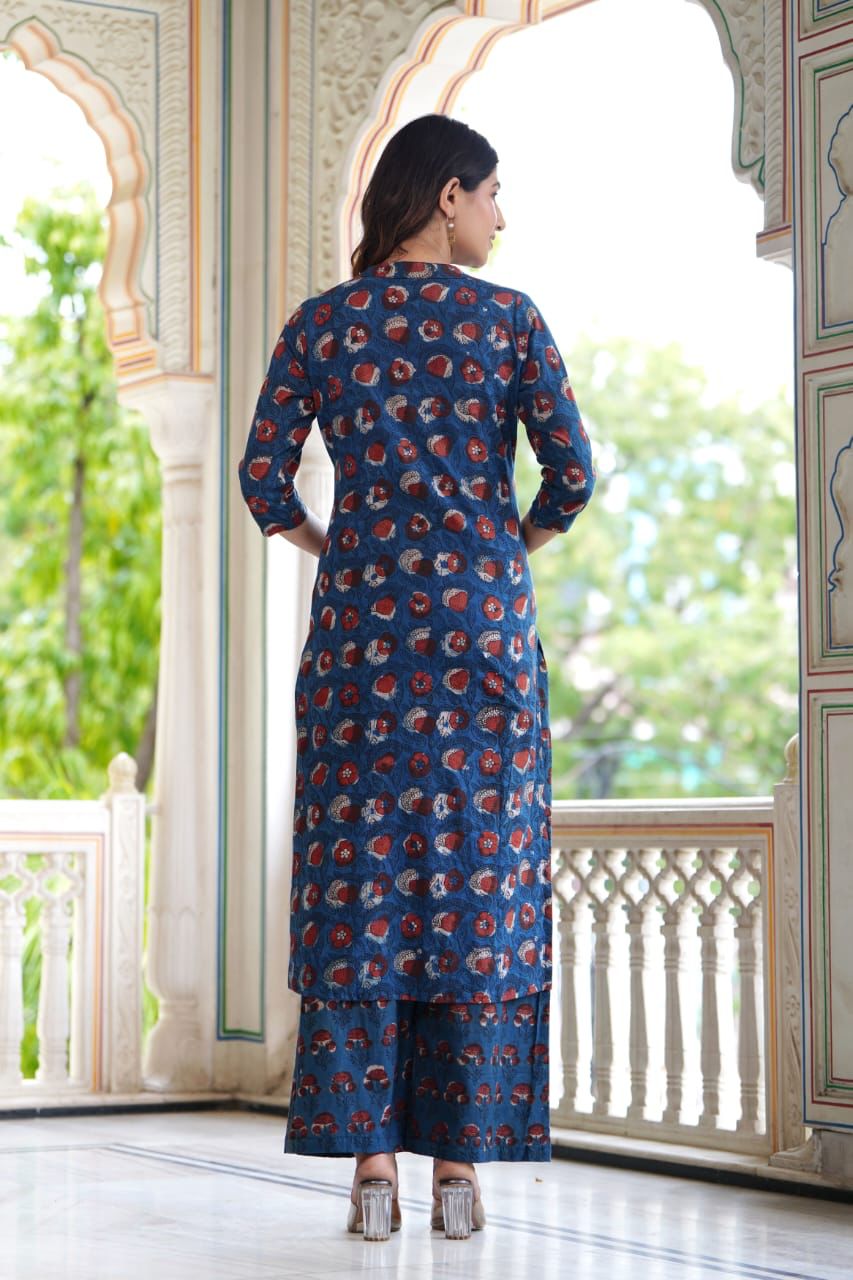 Blue Cotton Straight Kurta Plazzo Set