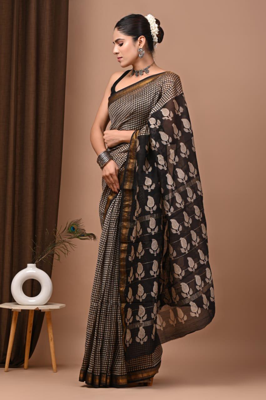 Black Maheshwari Silk Bagru Hand Block Print Saree