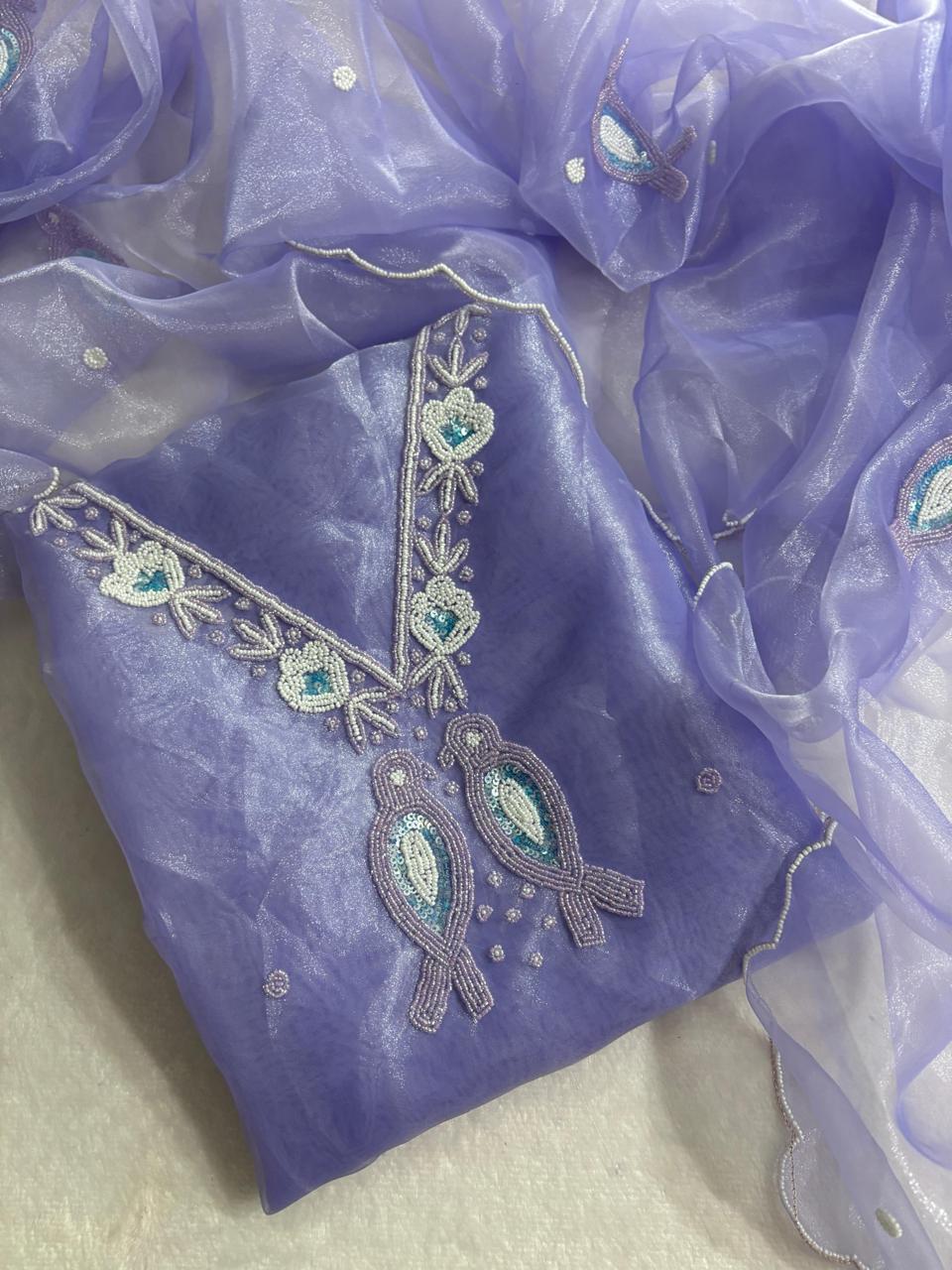 Lavender Organza Suit With Beautiful Pearl Neck Work