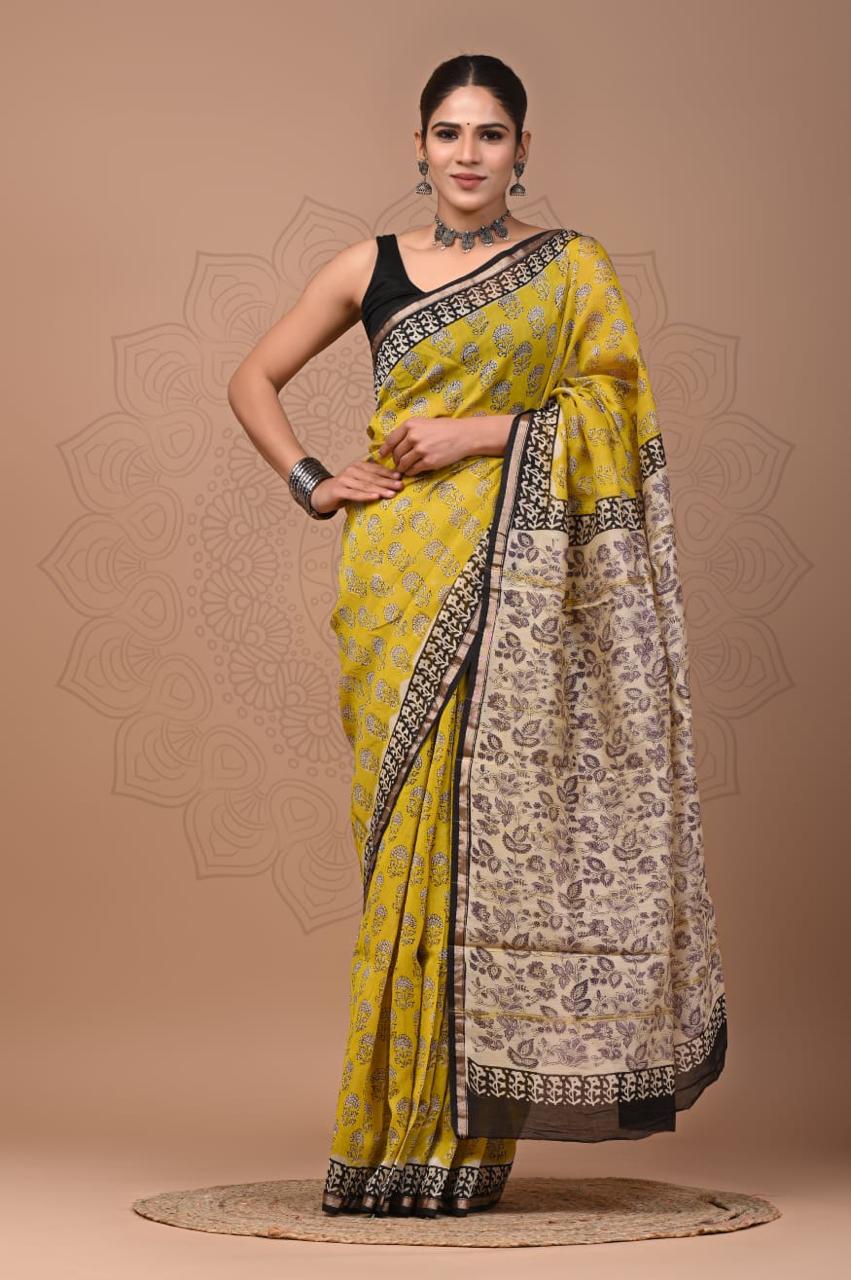 Yellow Colour Chanderi Hand Block Printed Saree