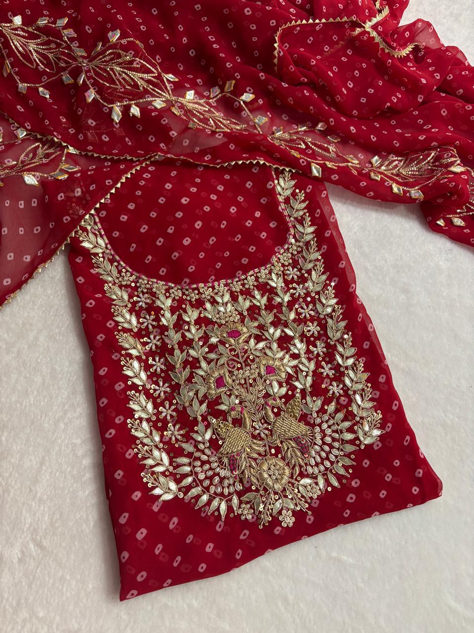 Beautiful Red Color Bandhani Gota Patti Work Suit
