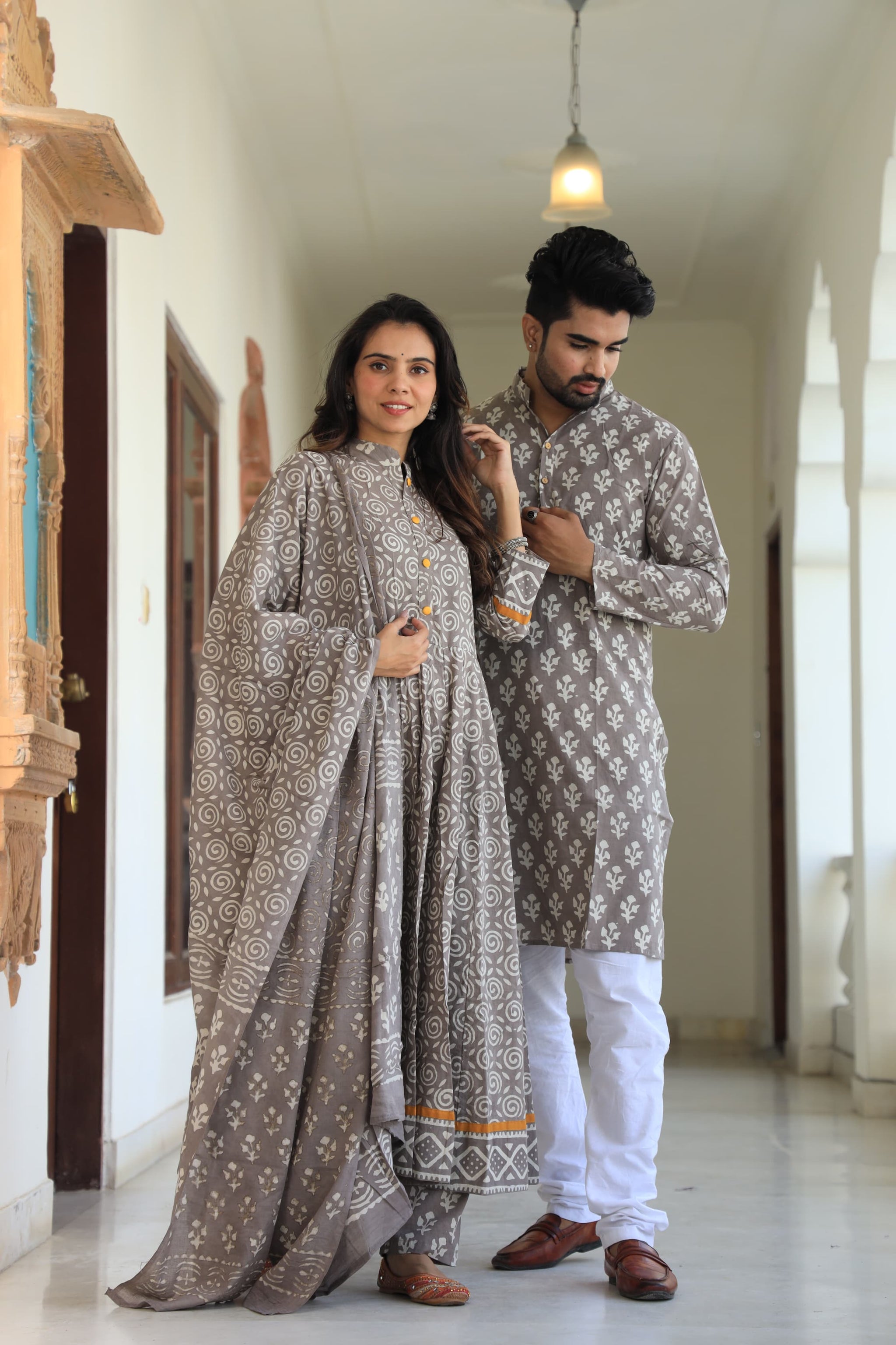 Brown Bagru Block Printed Pure Cotton Twinning Couple Set