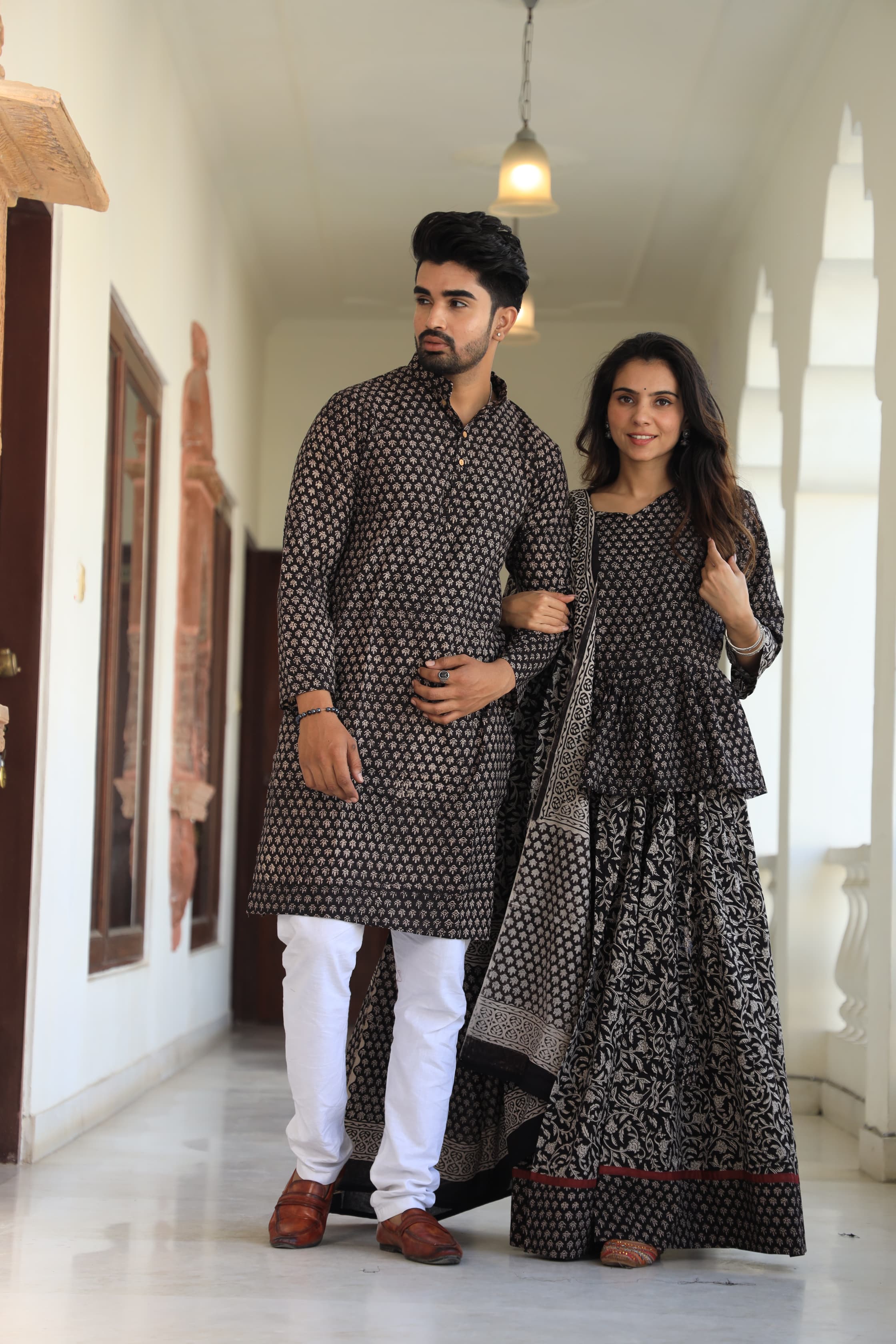 Black colour Pure Cotton Twinning Couple Set In Block Print