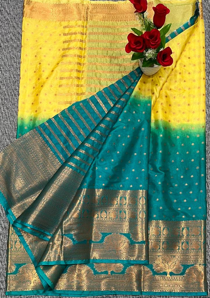 Blue Yellow Banarasi Buti work Semi Silk Saree