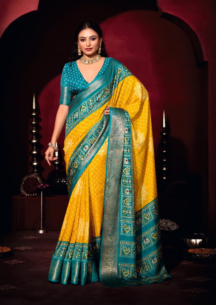 Yellow & Blue Pashmina Silk Patola Print Saree