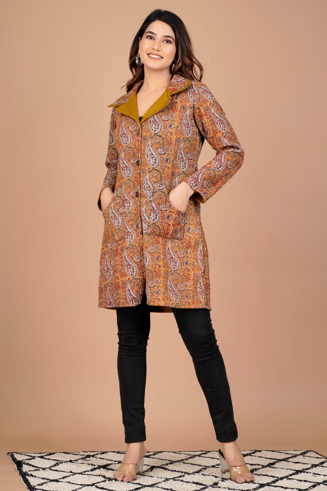 Beautiful Mustard Yellow Pure Cotton Quilted Reversible Print Long Jackets