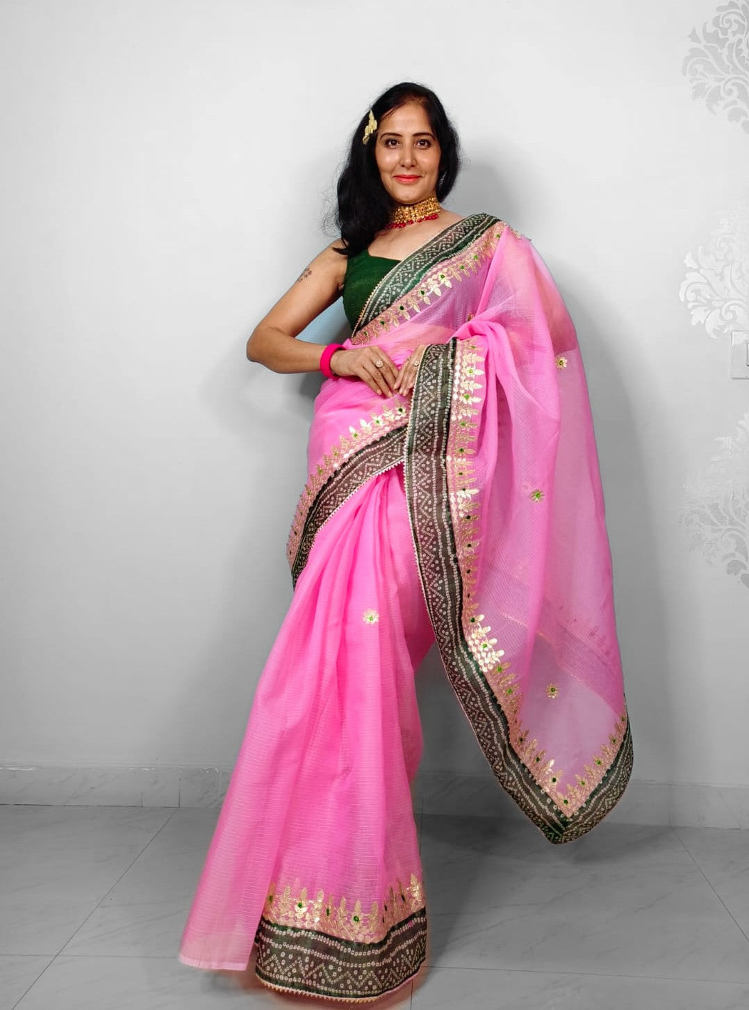 Priya- Pink Kota Doria Gota Patti Saree