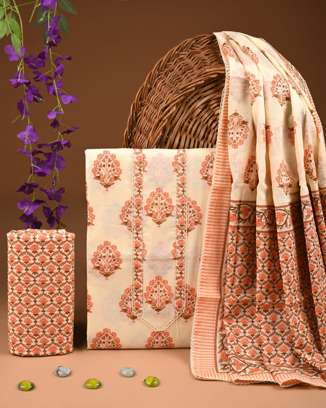 Cream Cotton Suit Set With Gota Work