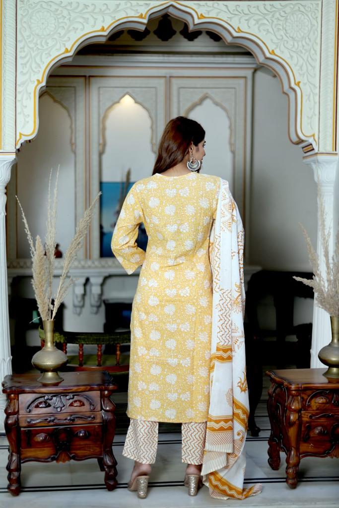 Yellow Block Print Suit Set With Dupatta