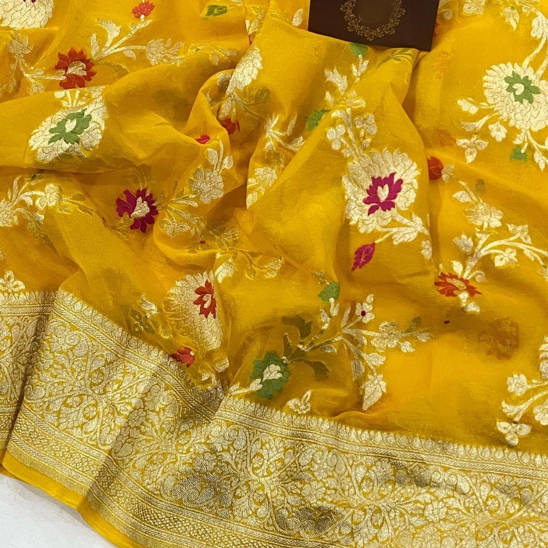 Gold Yellow Floral Jaal Banarasi Semi Georgette Saree