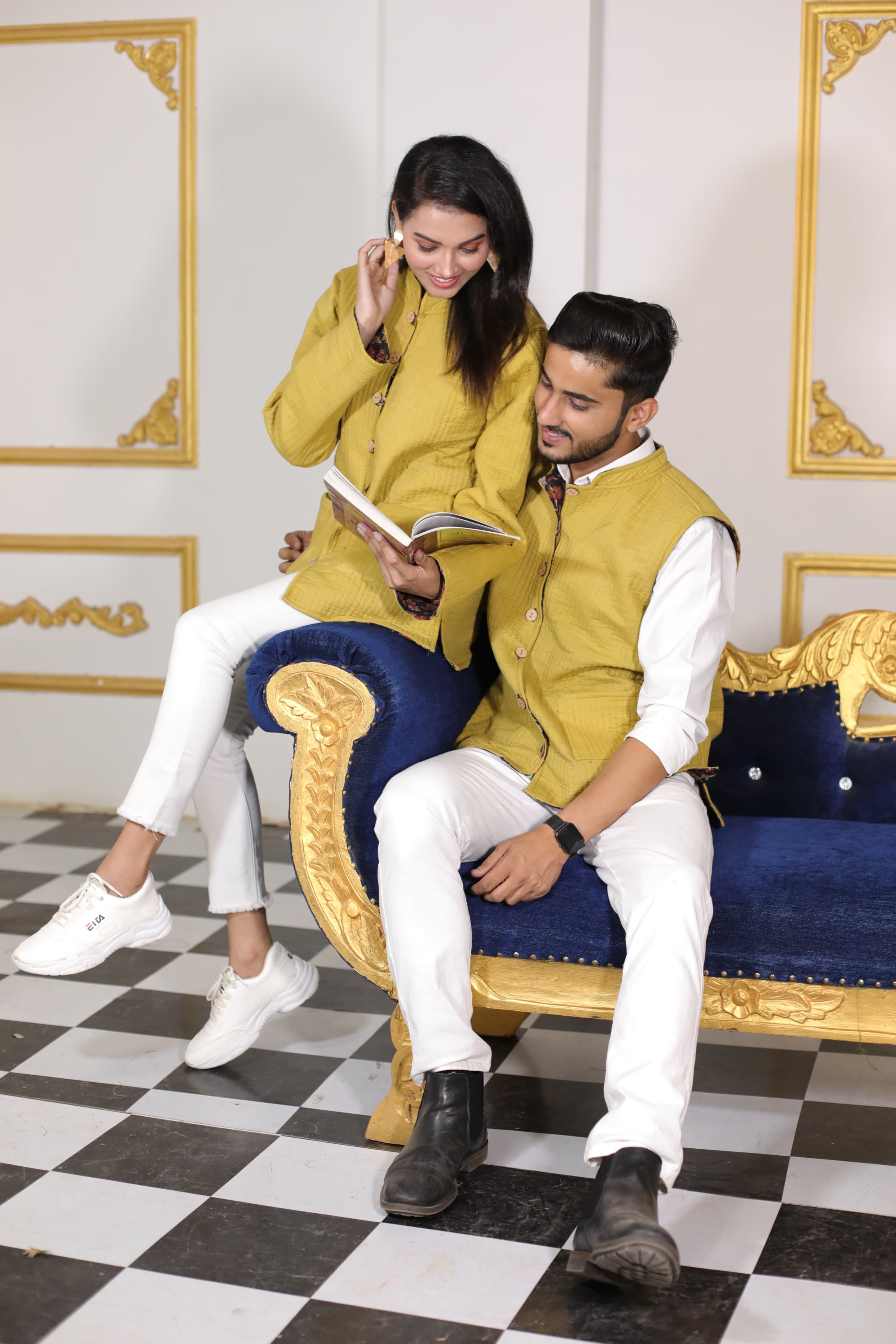 Yellow Color Twinning Couple Pure Cotton Bagru Print Quilted Reversible Jackets