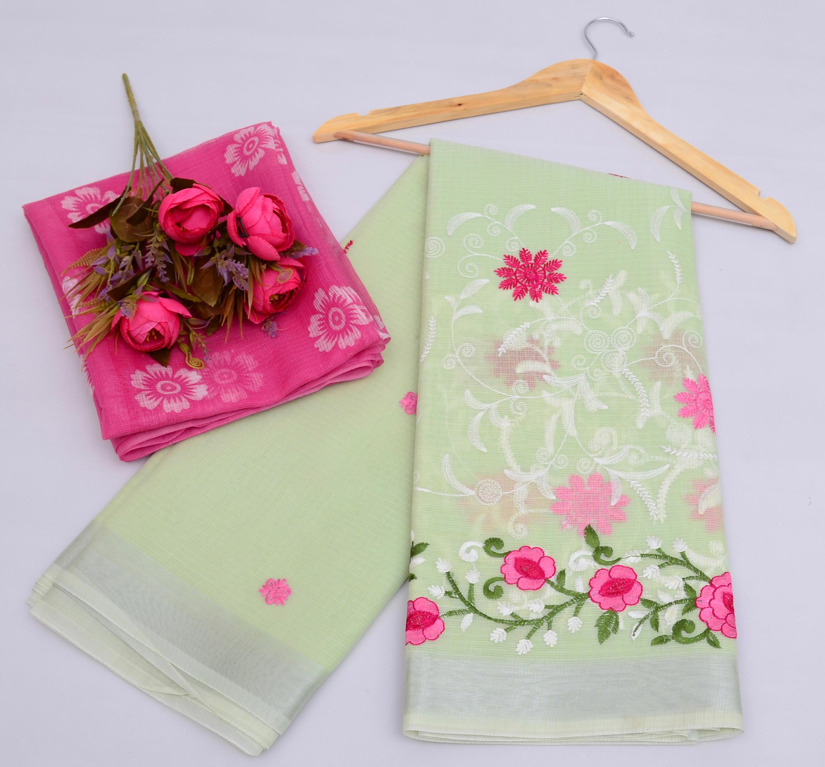 Padmavati- Pista Green Kota Doria Embroidery Work Saree