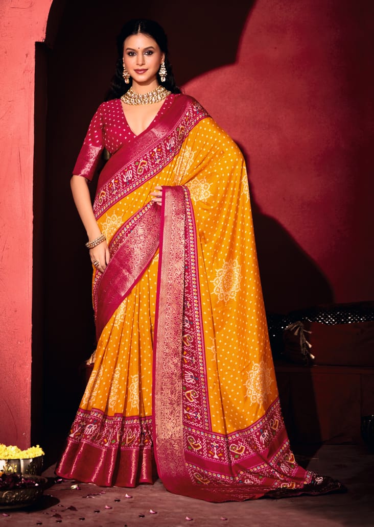 Yellow & Red Pashmina Silk Patola Print Saree