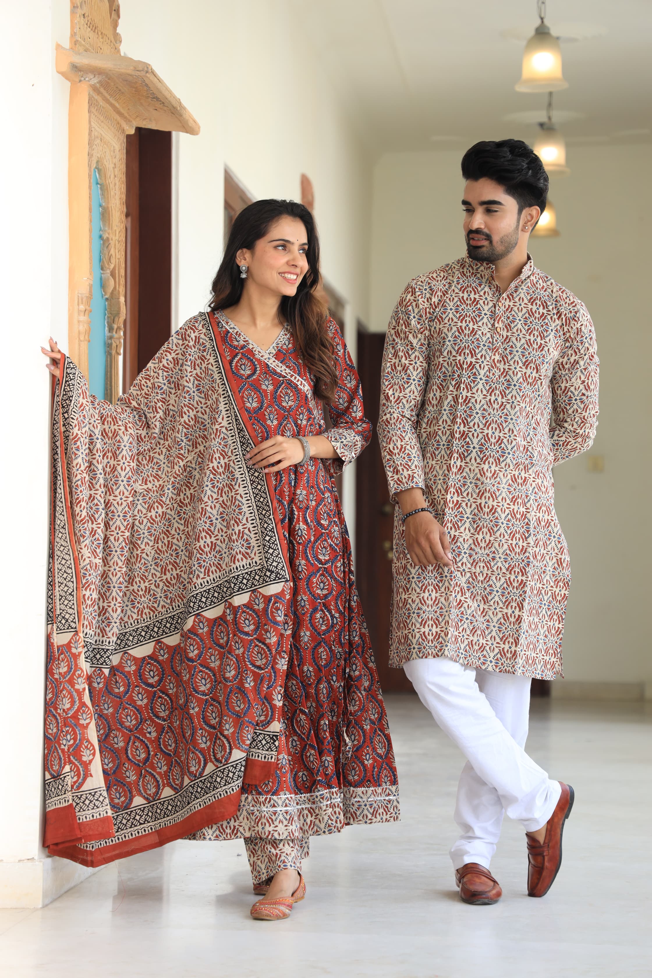 Red Bagru Block Printed Pure Cotton Twinning Couple Set