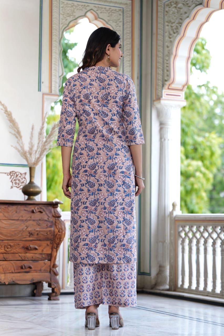 Blue Block Print Suit Set With Dupatta