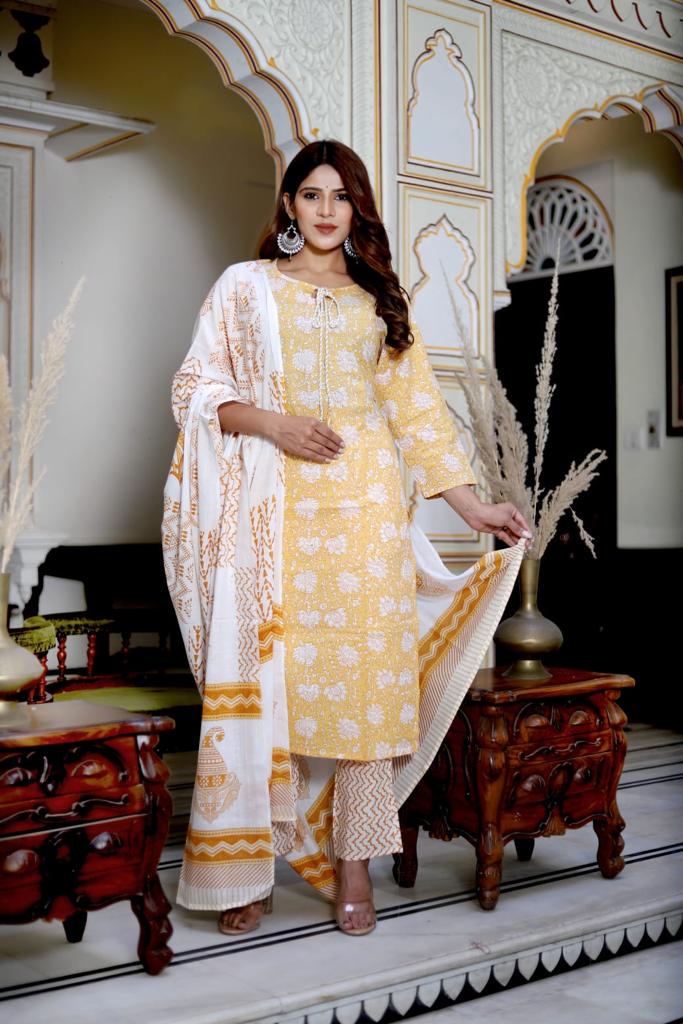 Yellow Block Print Suit Set With Dupatta