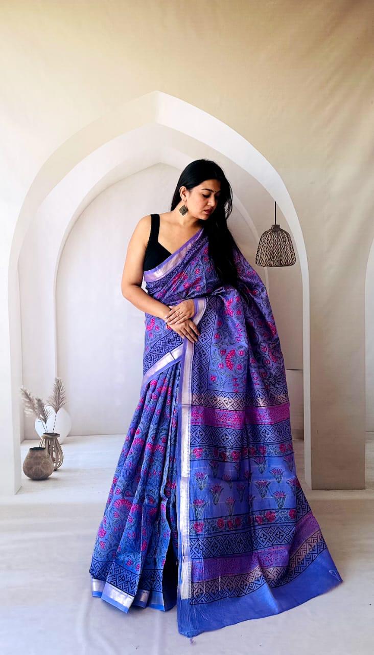 Purple Maheshwari Silk Bagru Hand Block Print Saree