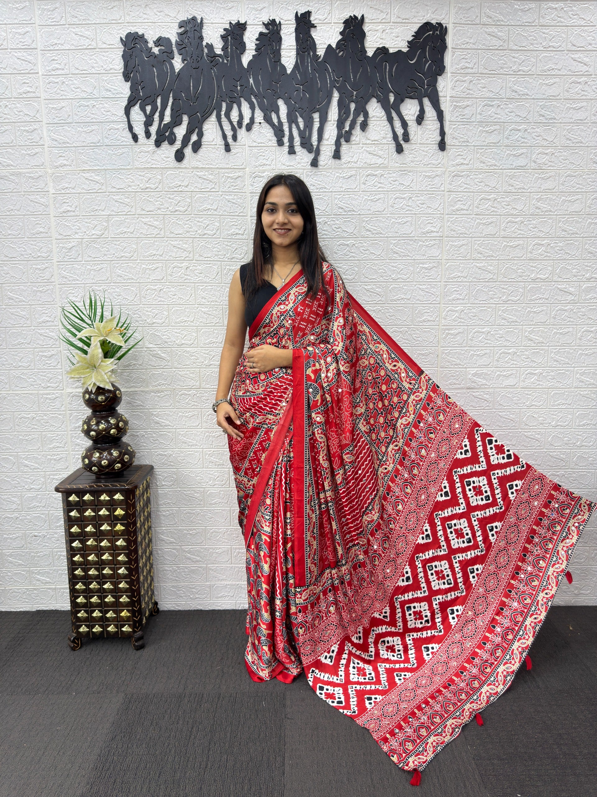 Red Ajrakh Print Mirror Work Satin Silk Saree