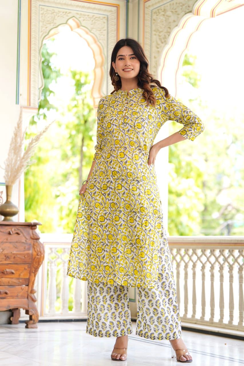 Yellow Block Print Suit Set With Dupatta