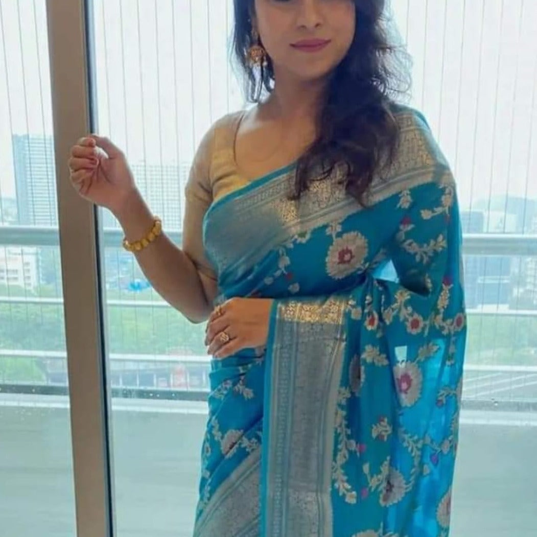 Pastel Blue Floral Jaal Banarasi Saree