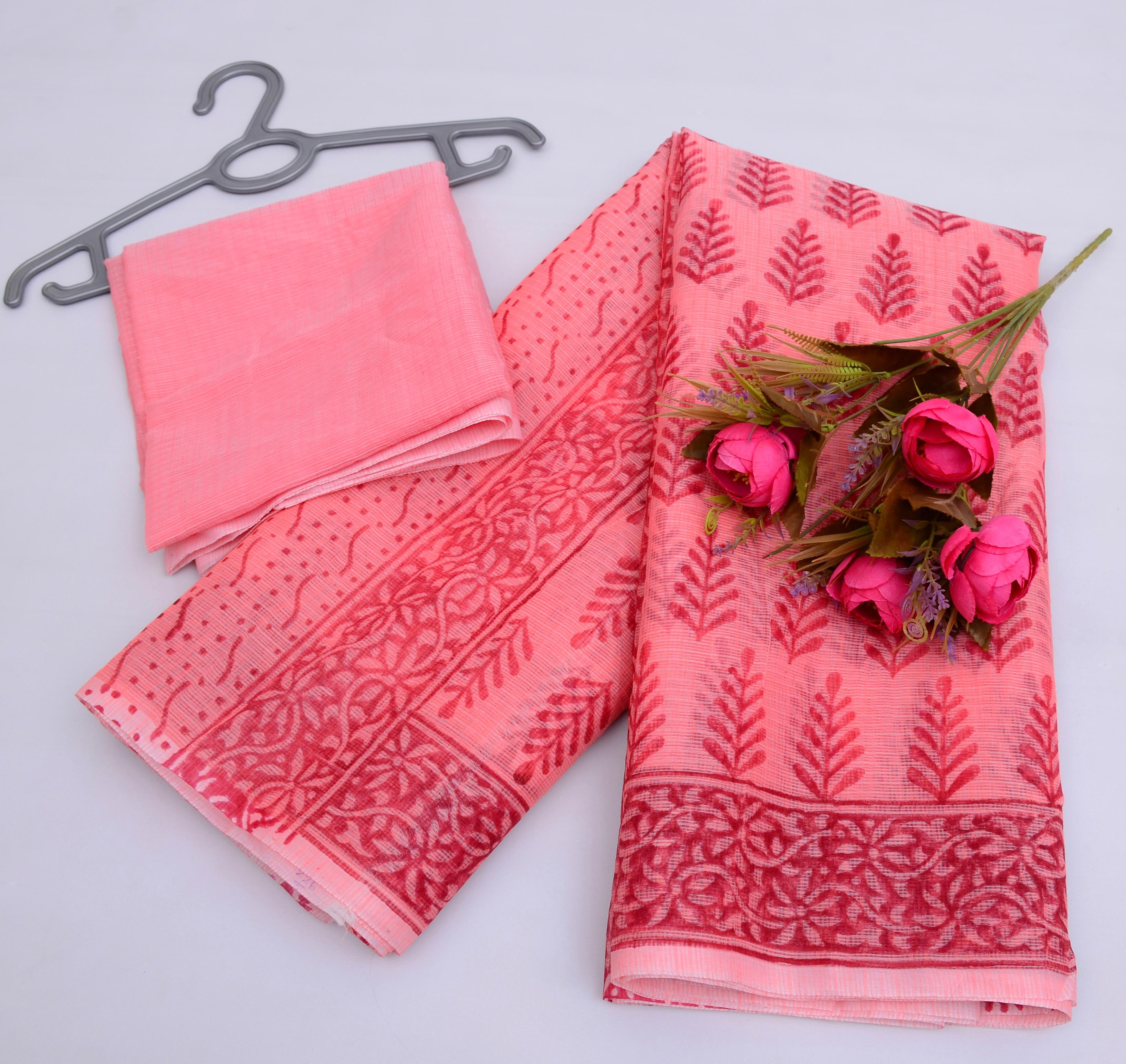 Jalpari- Pink Kota Doria Hand Block Print Saree