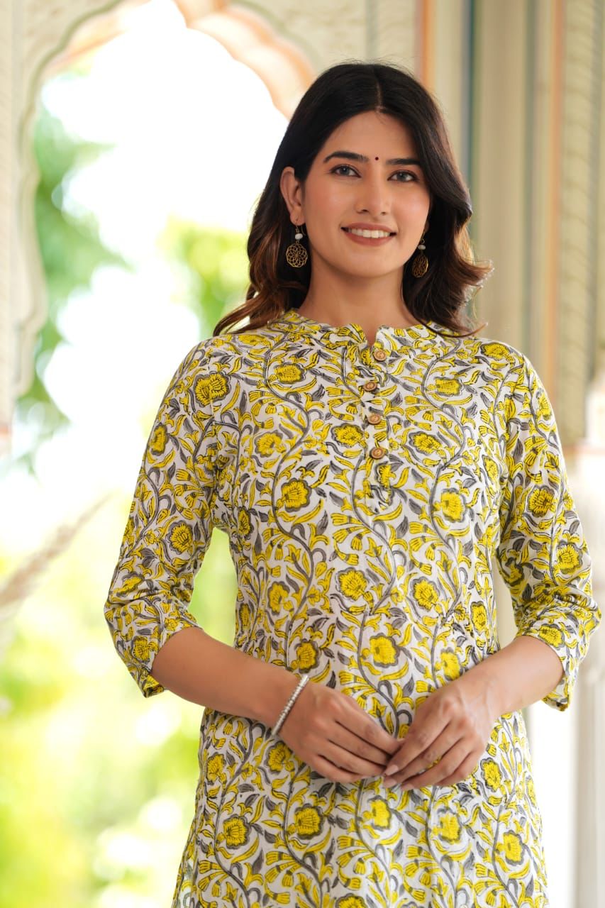 Yellow Block Print Suit Set With Dupatta