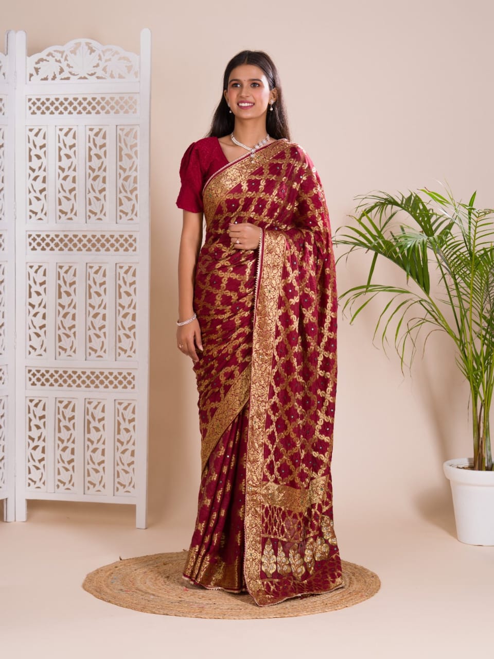 Maroon Ghatchola Banarasee Silk Hand Mirror Work Saree