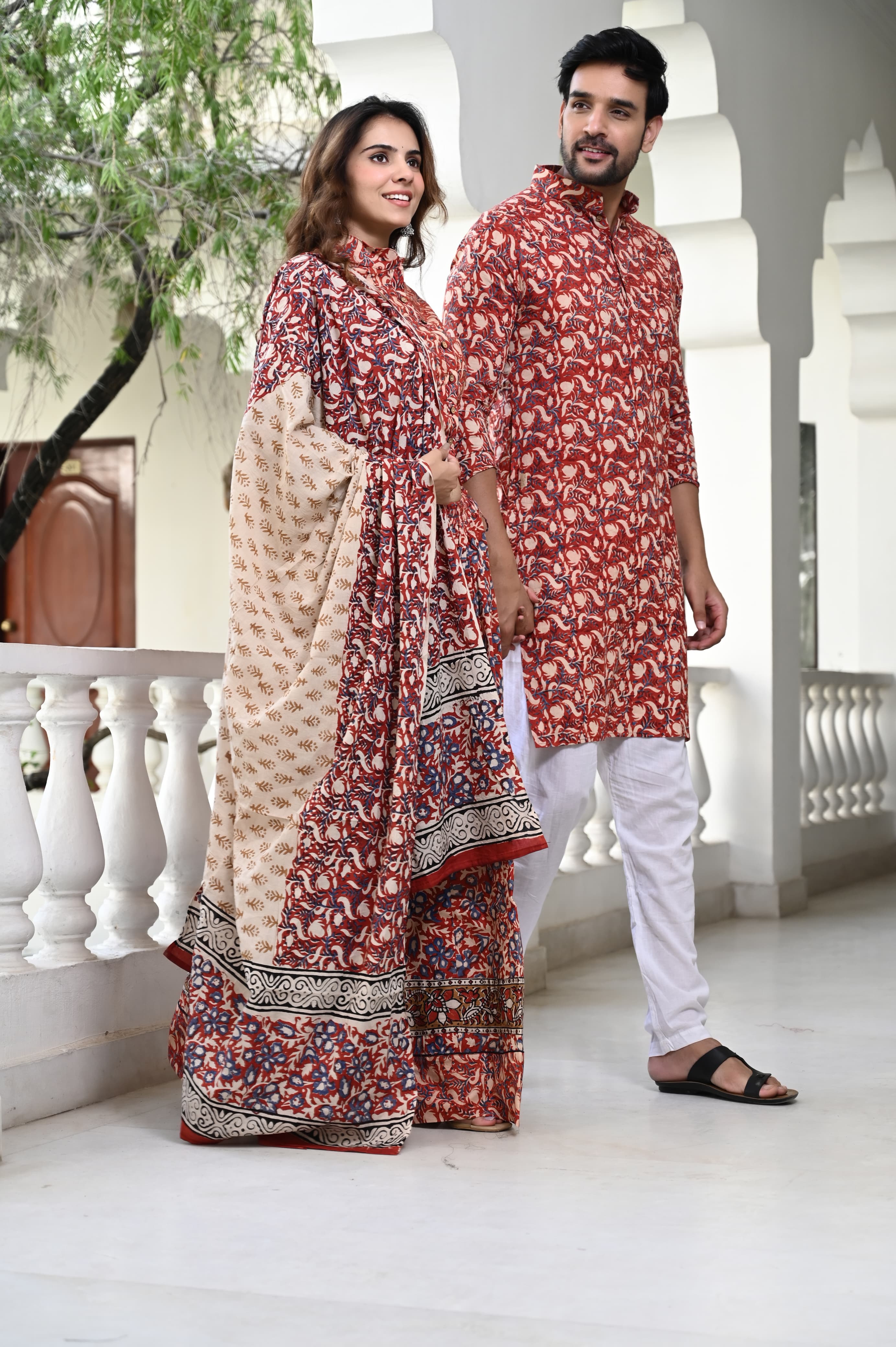 Red Pure Cotton Twinning Couple Set In Block Print