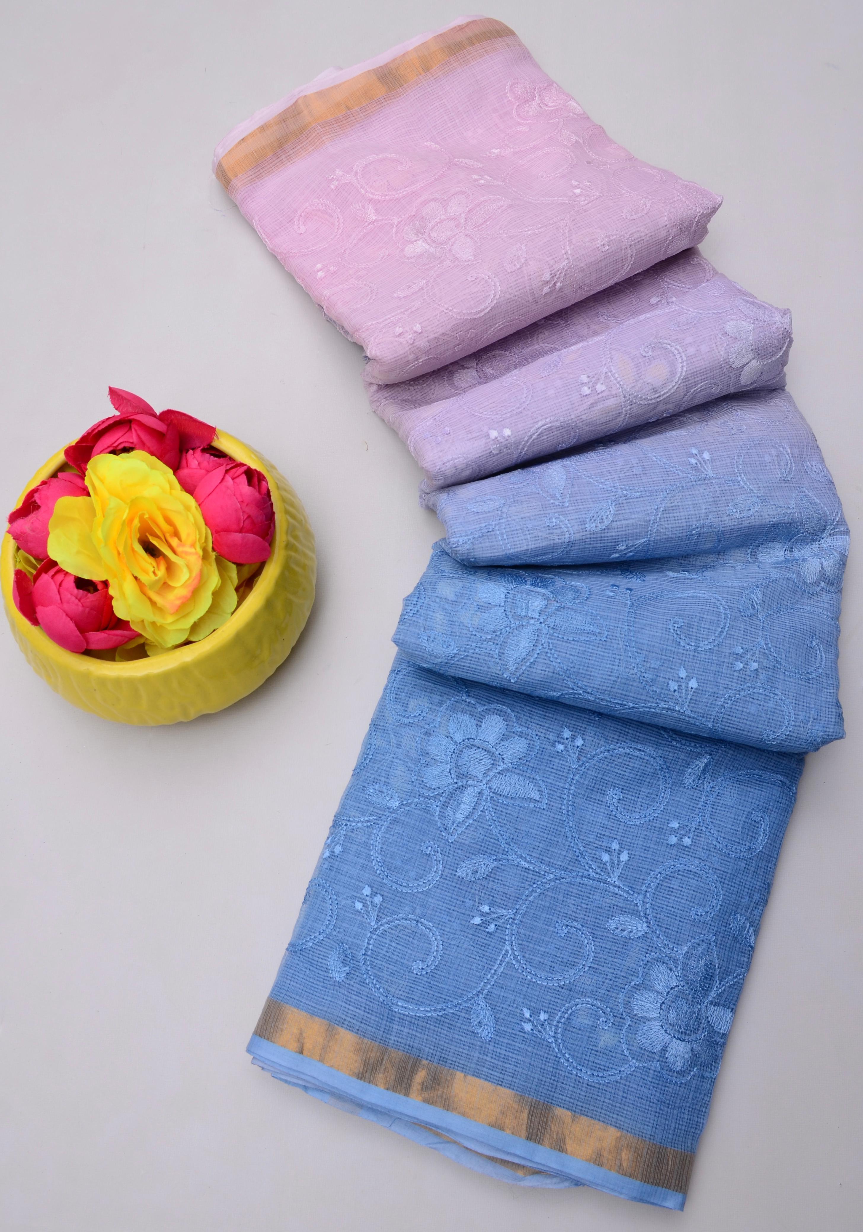 Tejwati- Blue & Baby Pink Kota Doria Embroidery Work Saree