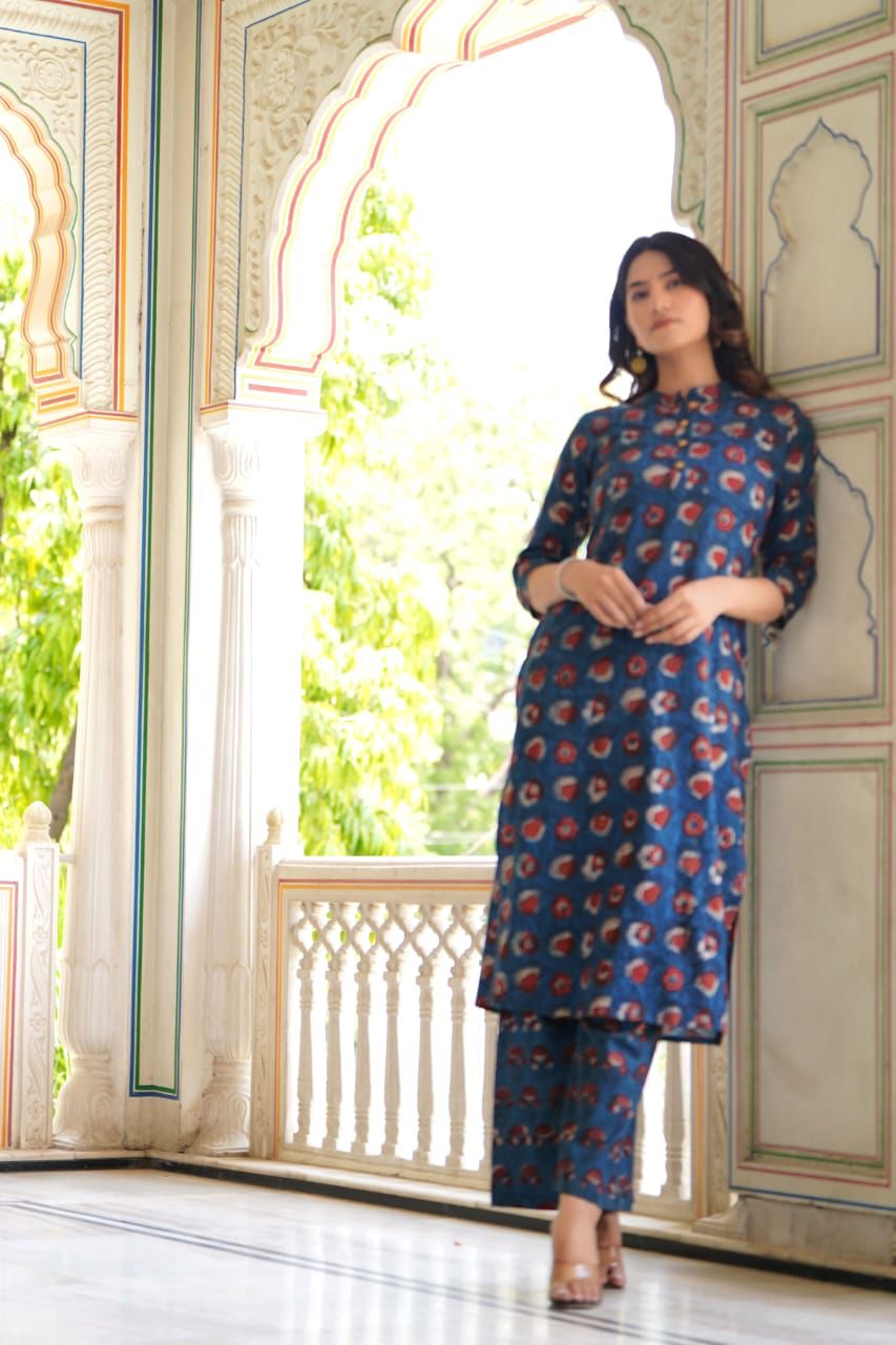 Blue Cotton Straight Kurta Plazzo Set