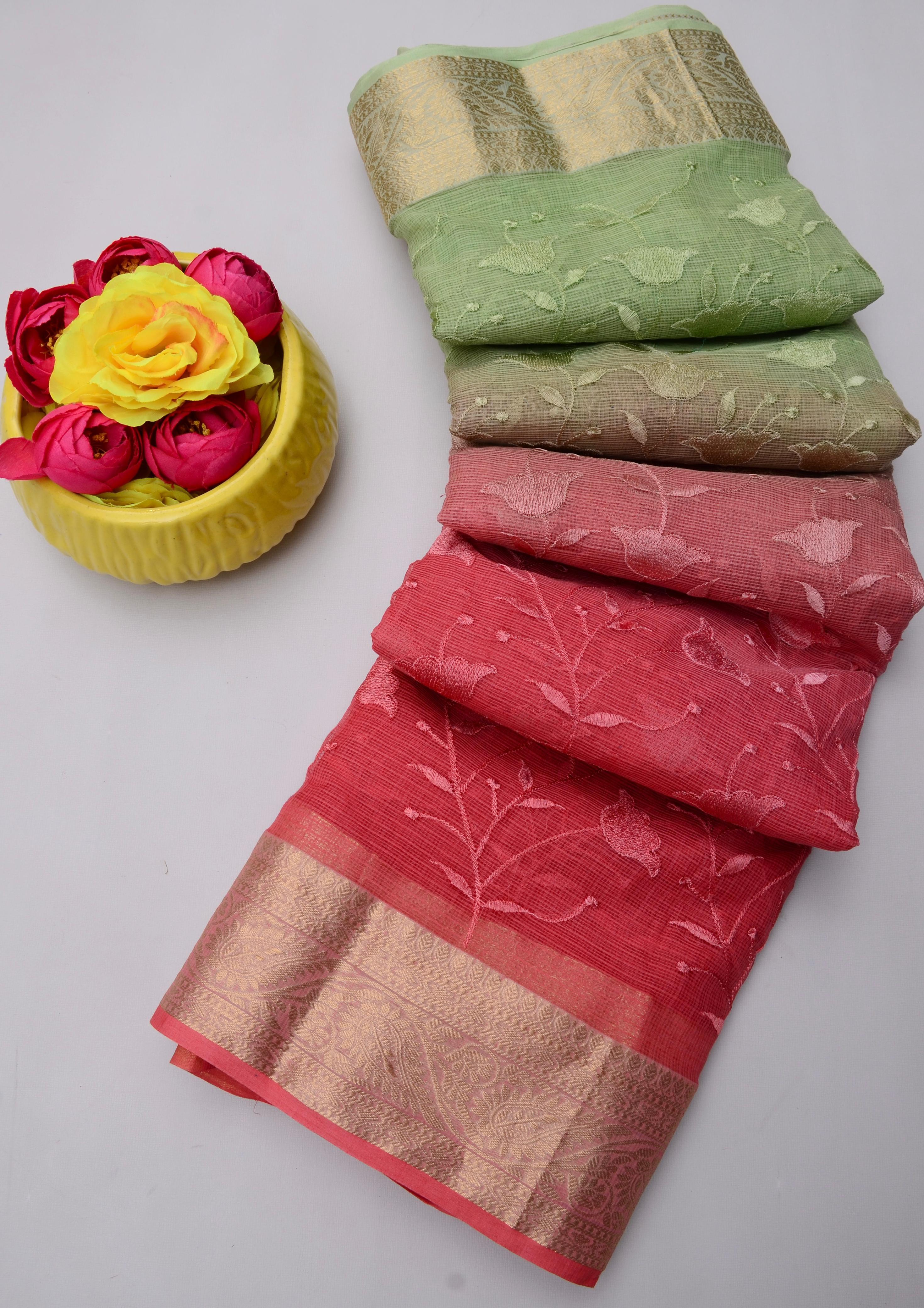 Piyari- Green and Red Kota Doria All Over Embroidery Work Saree