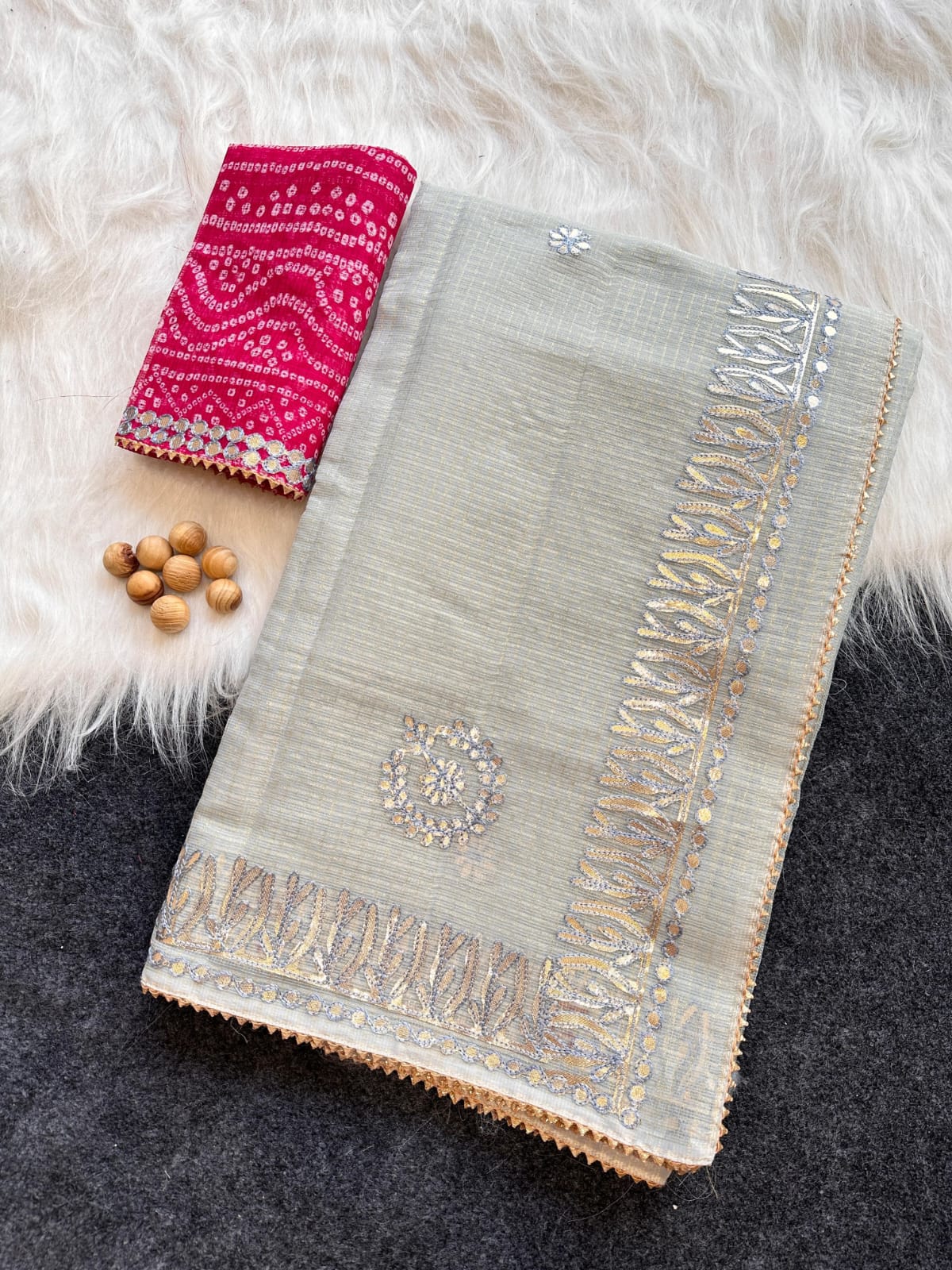 Chandrakanta- Silver Grey Kota Doria Gota Patti Saree 6.5 mtr