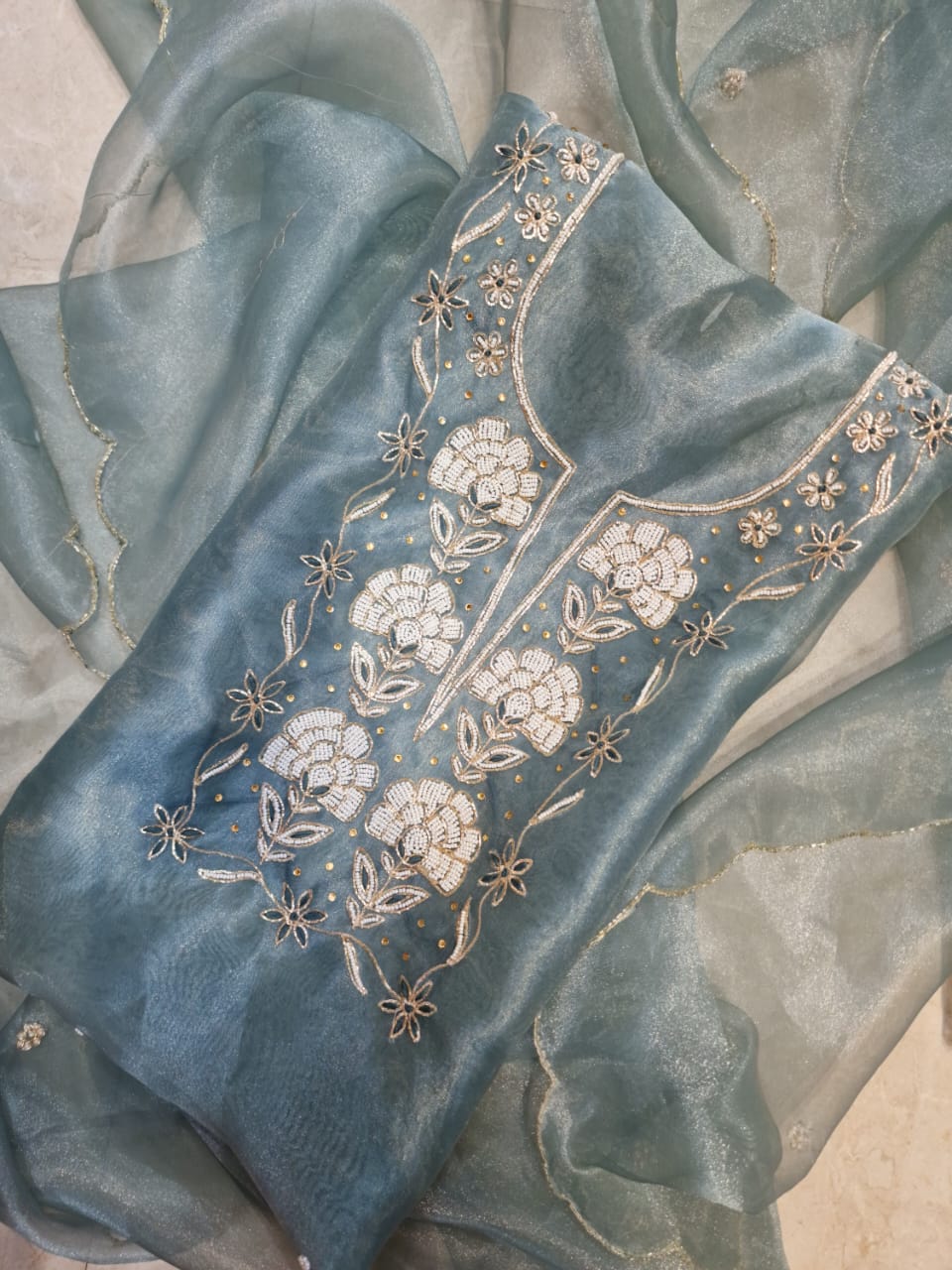 Grey Organza Suit With Pearl Work Design's