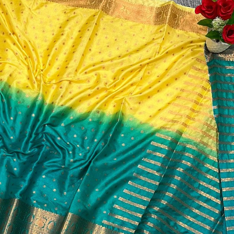 Blue Yellow Banarasi Semi Silk Saree