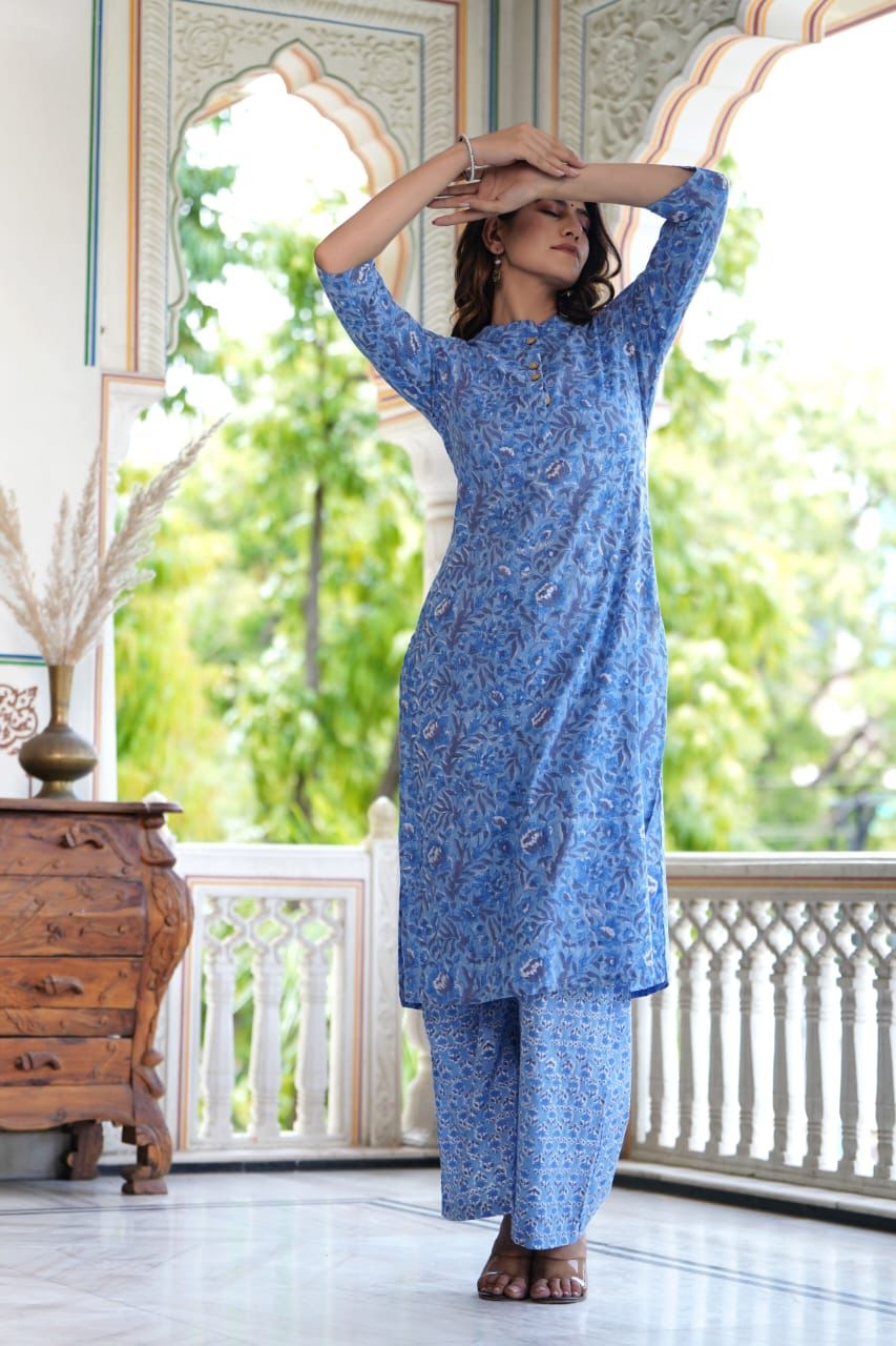 Cotton Straight Kurta Plazzo Set in Blue