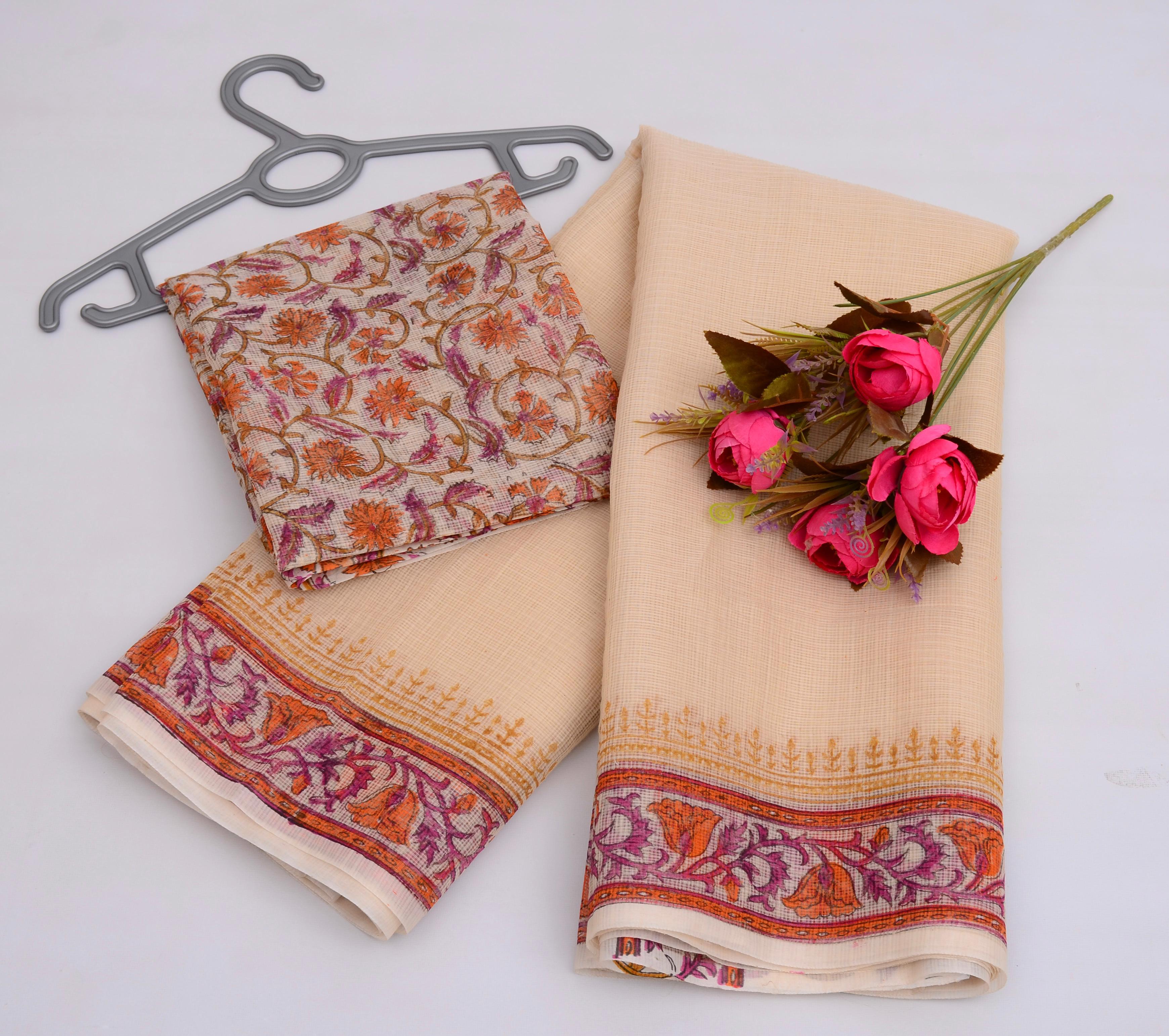 Manjari- Cream Kota Doria Hand Block Print Saree