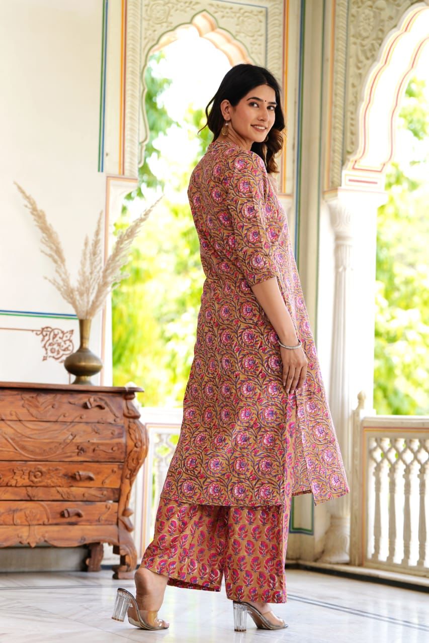 Peach Block Print Suit Set With Dupatta
