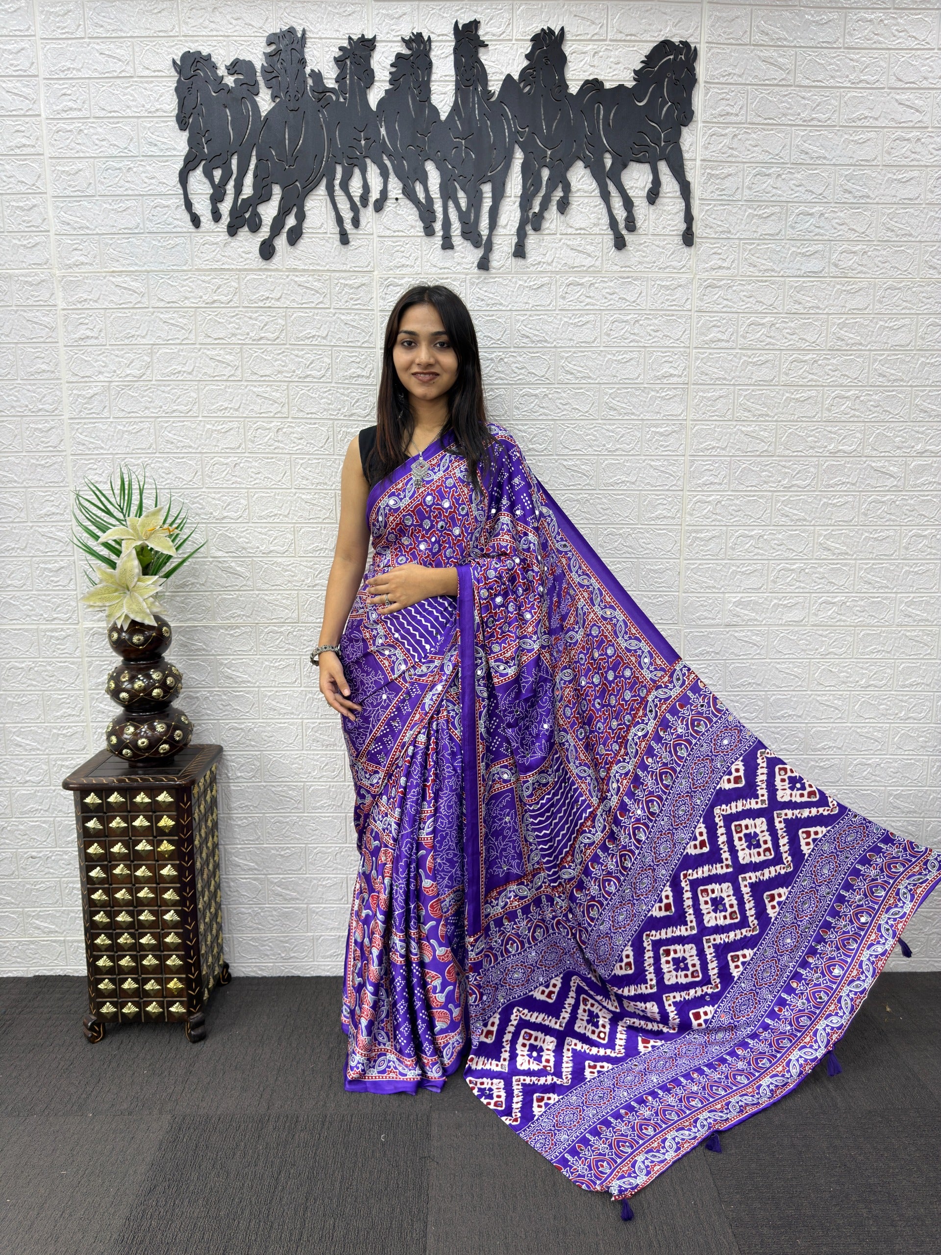 Purple Ajrakh Print Mirror Work Satin Silk Saree