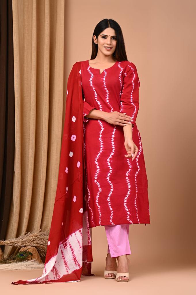 Red Block Print Suit Set With Dupatta