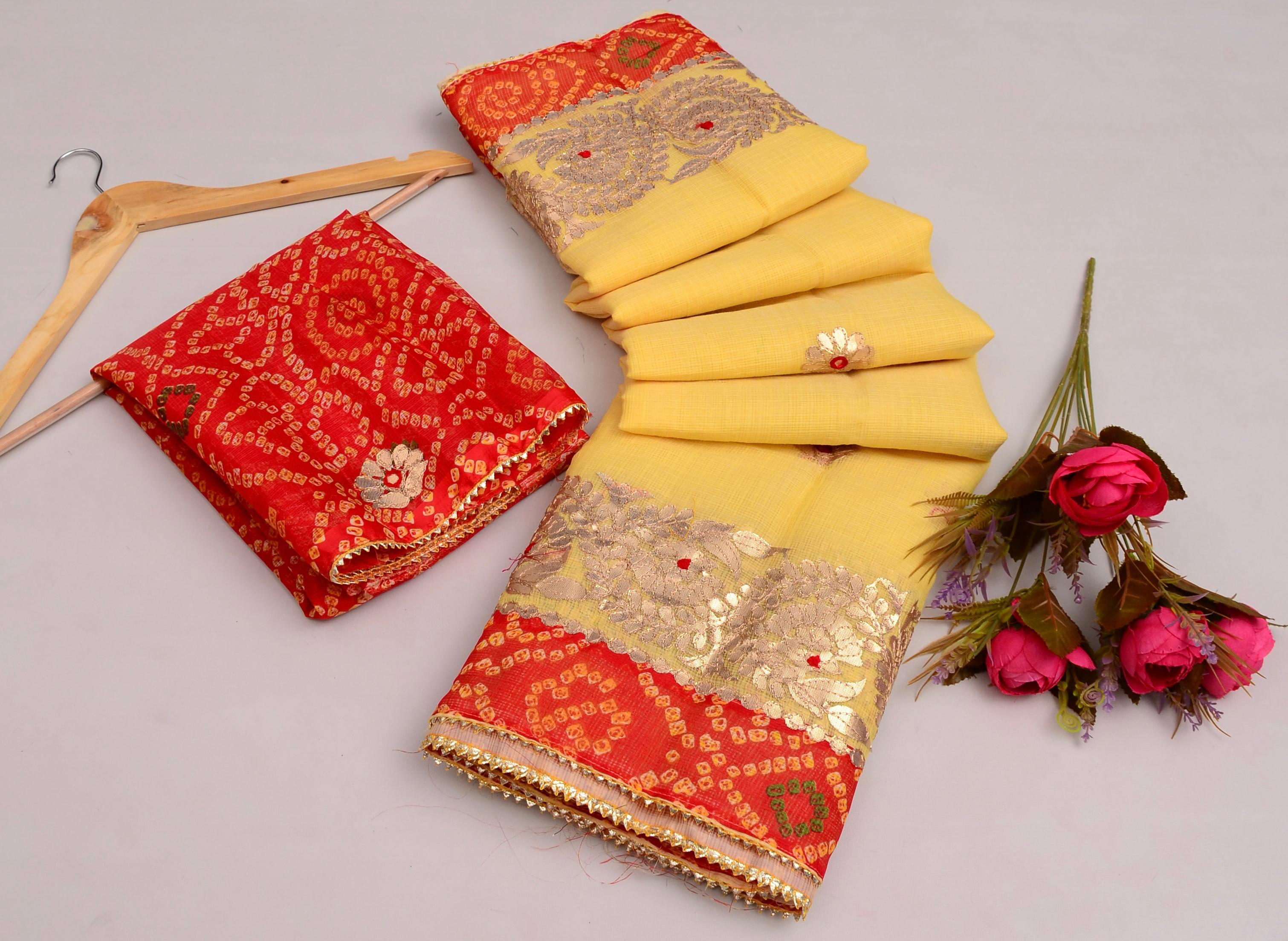 Leela- Yellow Kota Doria Gota Patti Saree
