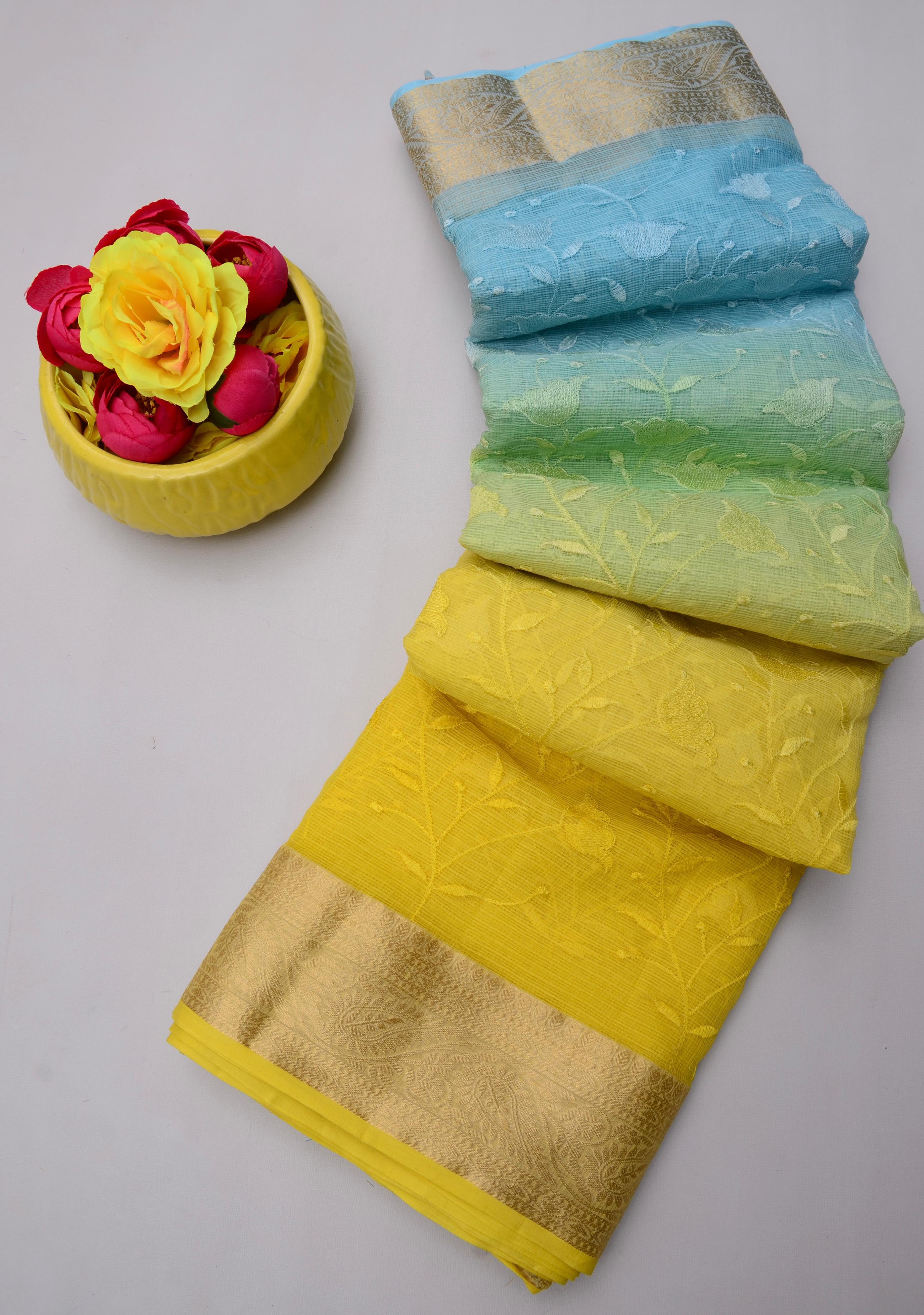 Kamla- Blue & Yellow Kota Doria All Over Embroidery Work Saree