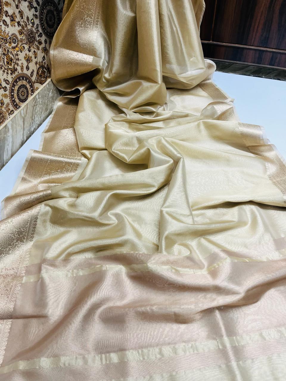 Shimmer Cream Banarasi Soft Tissue Saree 2024