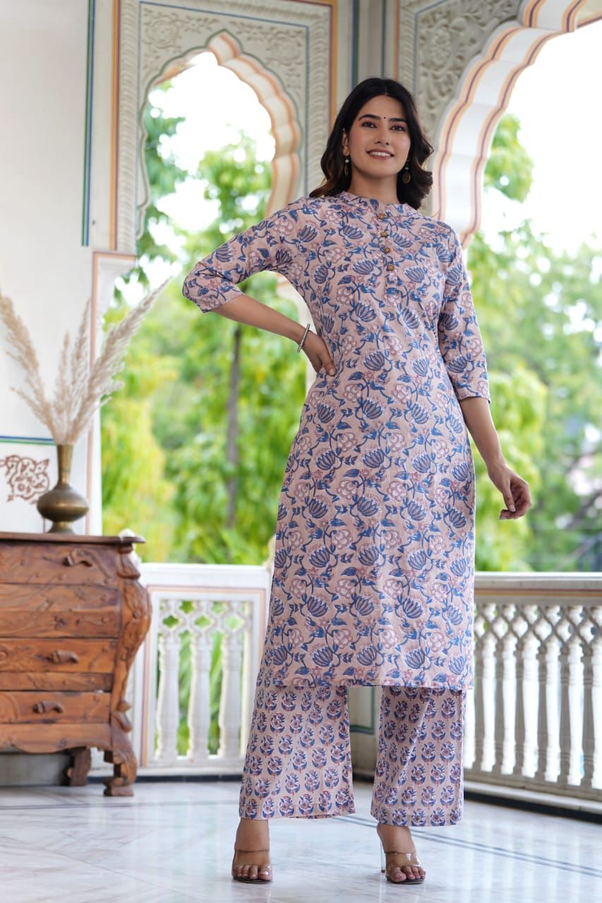 Blue Block Print Suit Set With Dupatta
