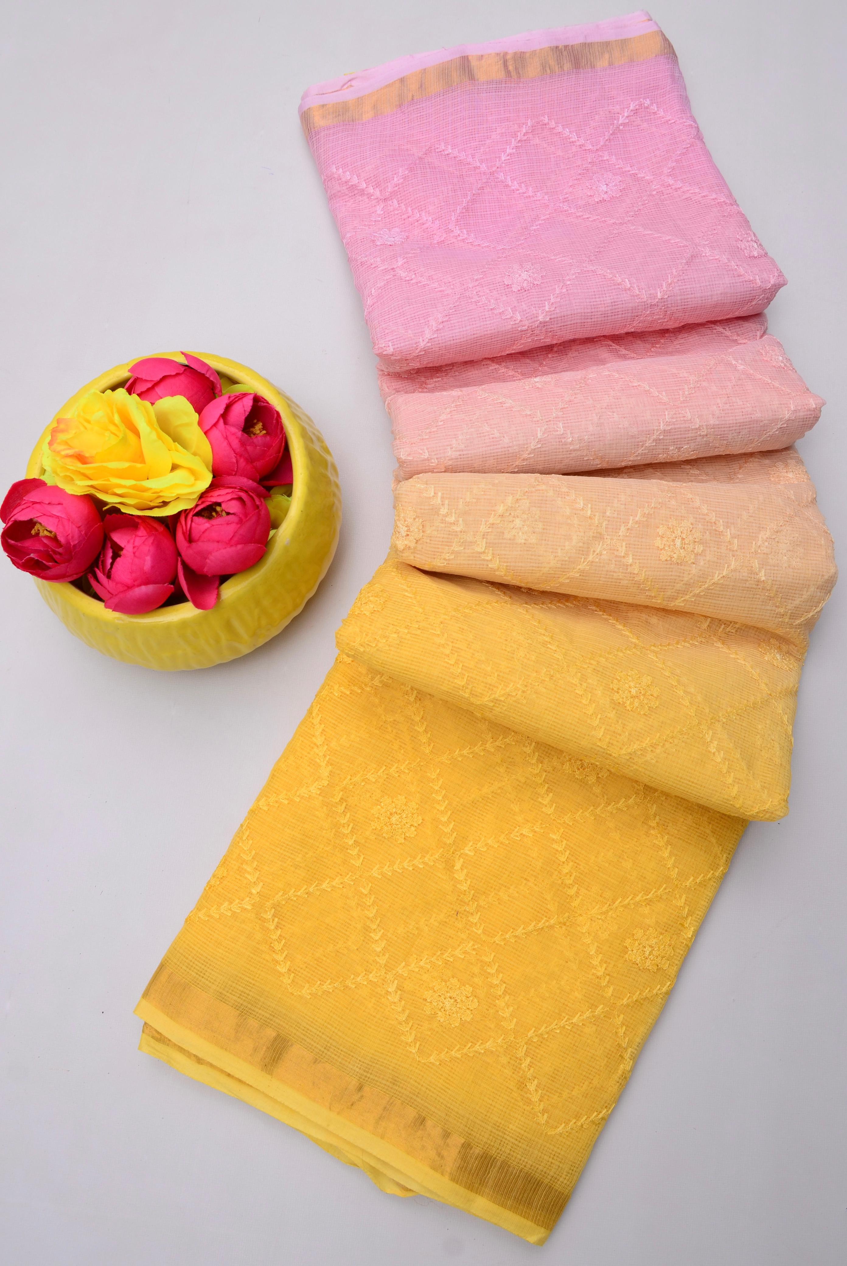 Sugna- Pink & Yellow Kota Doria All Over Embroidery Work Saree